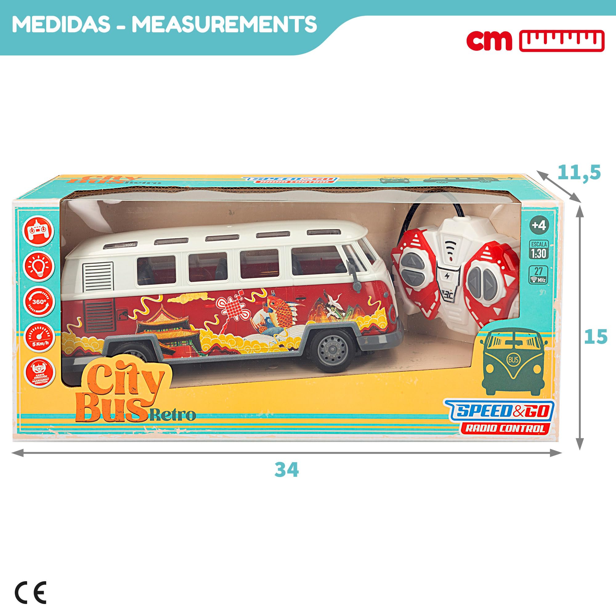 ColorBaby Speed & Go - Autobús teledirigido con Luces de Colores, Bus radiocontrol, Retro, Escala 1:30, Mando 27 MH.z, 5 km/h, 4 Funciones, Coches teledirigidos para niños, 4 años, 47530