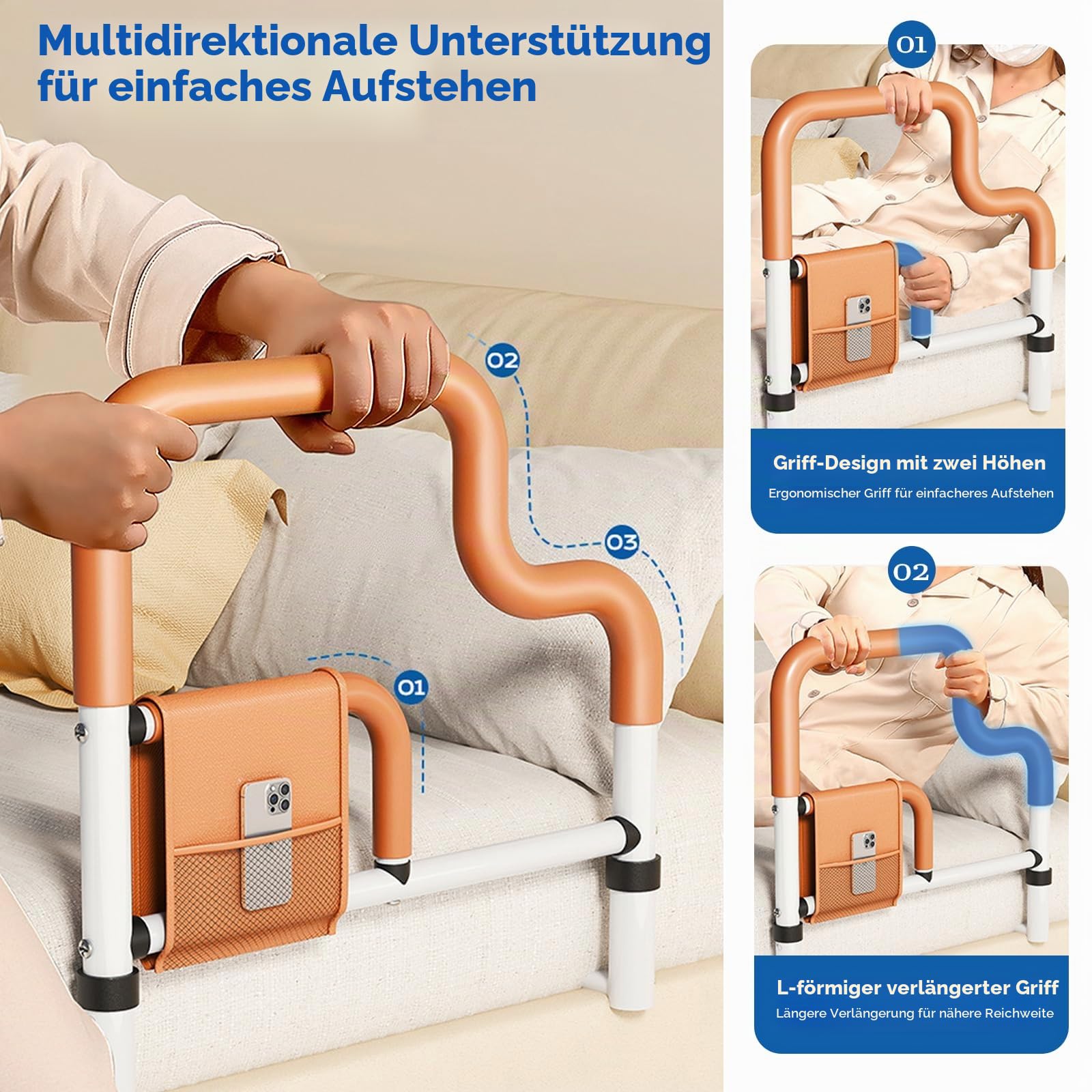 Aufstehhilfe Bett für Senioren, 47.5-54.5cm Haltegriffe für Senior | Höhenverstellbar Bett Einstiegshilfe, mit Aufbewahrungstasche, Aufstehhilfen Tragbare Verstellbare Haltegriff