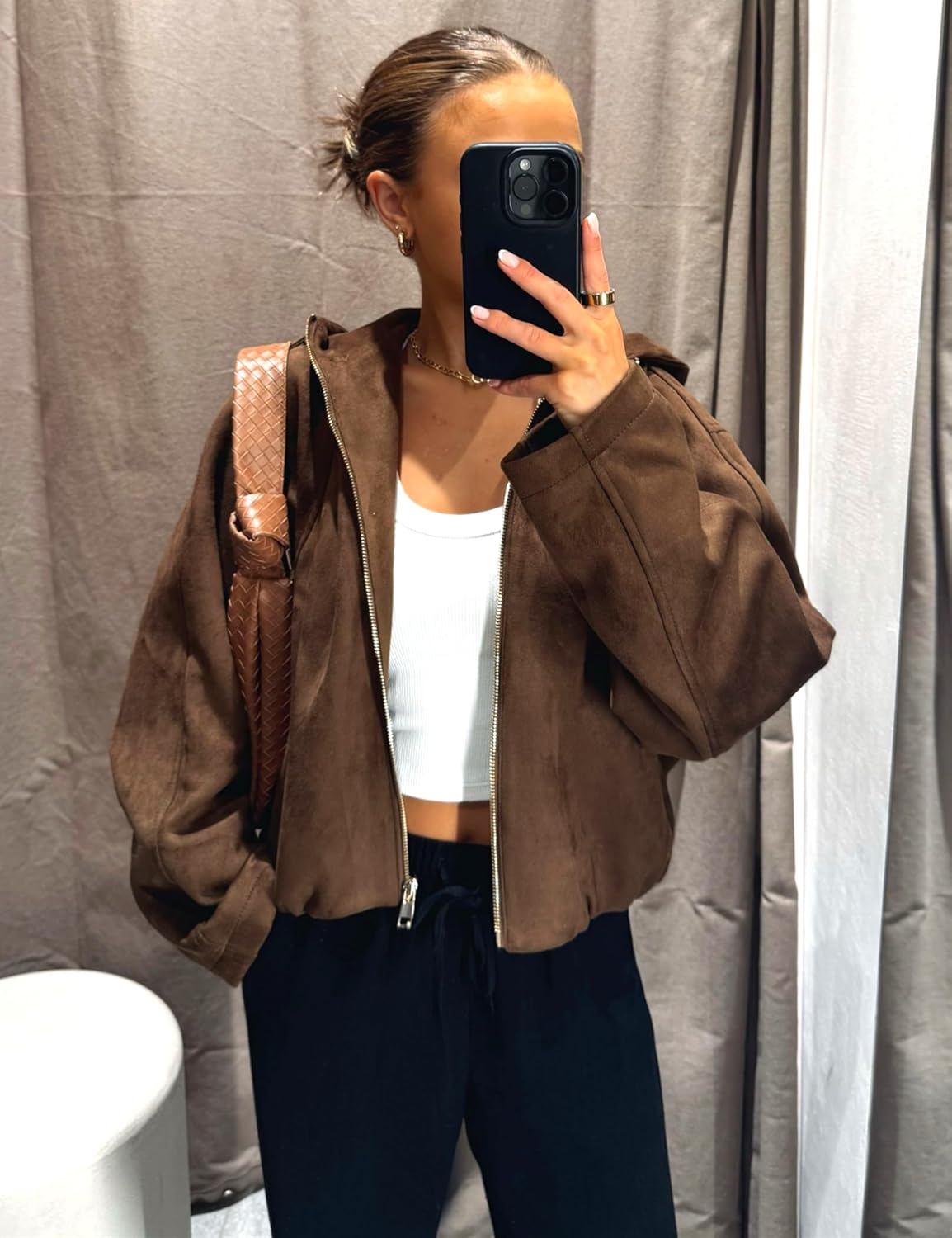 Women's Oversized Faux Suede Bomber Jackets Batwing Sleeves Pleated Zipper Casual Coats Streetwear