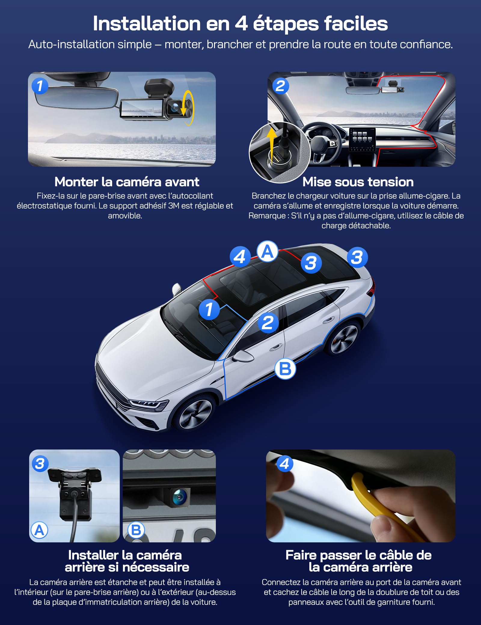 WOLFANG 4K Dashcam Voiture Avant Arrière, 3 Canaux Caméra de Bord avec 24H Mode Parking, WiFi & Application, G-Capteur, WDR, Vision Nocturne, Enregistrement en Boucle