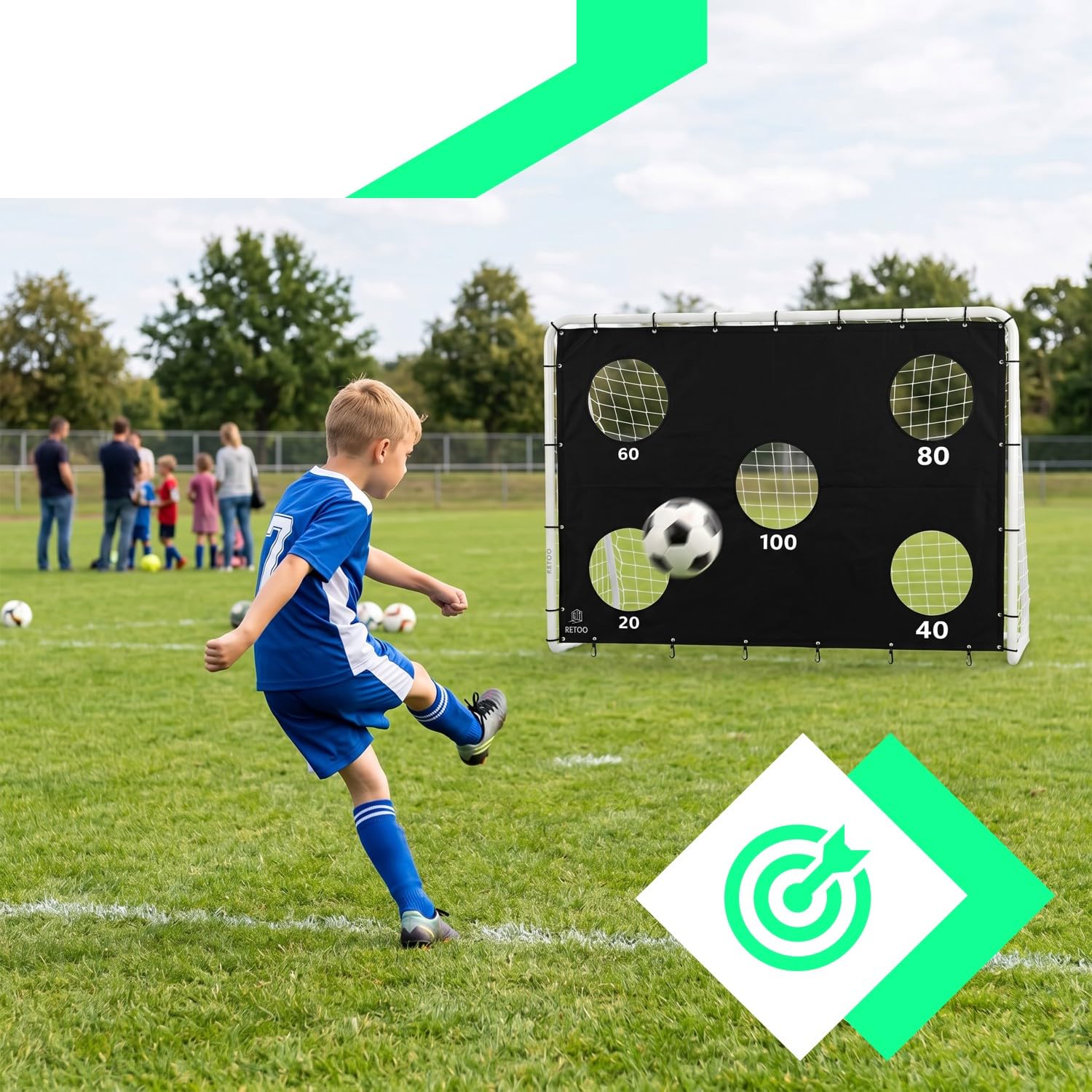 Retoo Fußballtor mit Zielwand, 240x170x85 cm Stahlrahmen, klappbar, PE-Netz | 20/60/80/100 Punkte, Metallheringe, nummerierte Rohre, Spannseile, Kunststoffclips