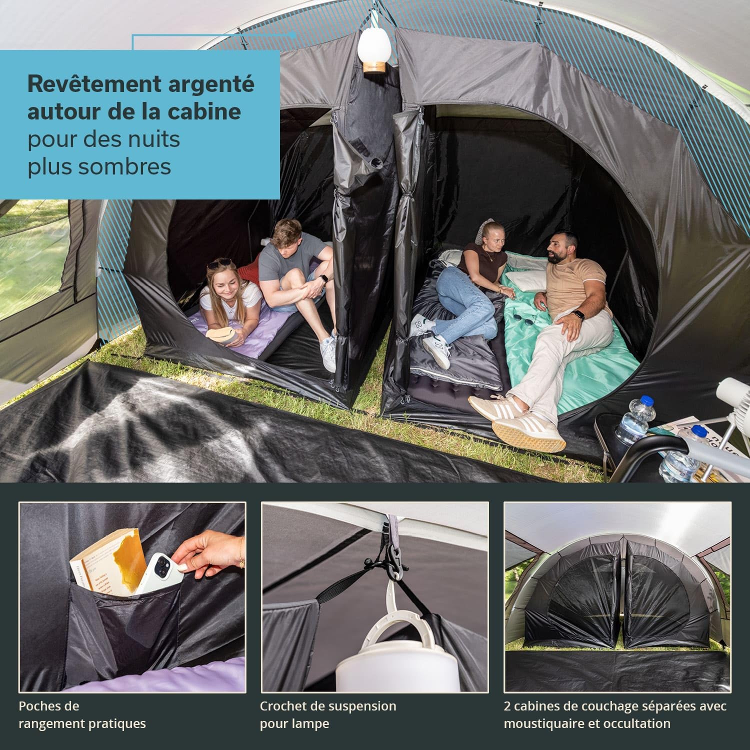 Skandika Tente tunnel Kemi pour 4 personnes | Tente de camping, 2 cabines de couchage, hauteur 2 m, 4 places, colonne d'eau 3000 mm, paroi frontale amovible, auvent | Tente de camping, tente familiale