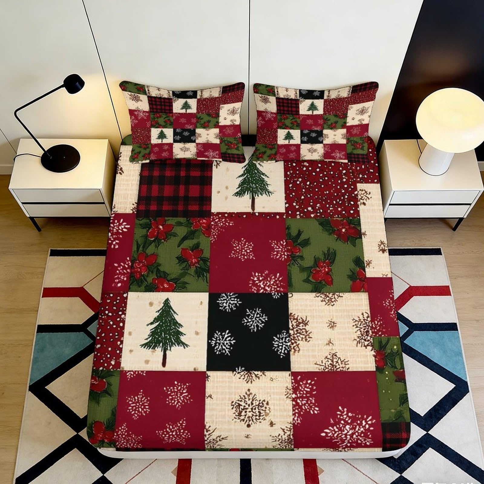 3D Printed Christmas Patchwork Fitted Sheet Microfiber Red Green Plaid Tree Snowflake Bed Cover for Bedroom Guest Room 90x200x25cm