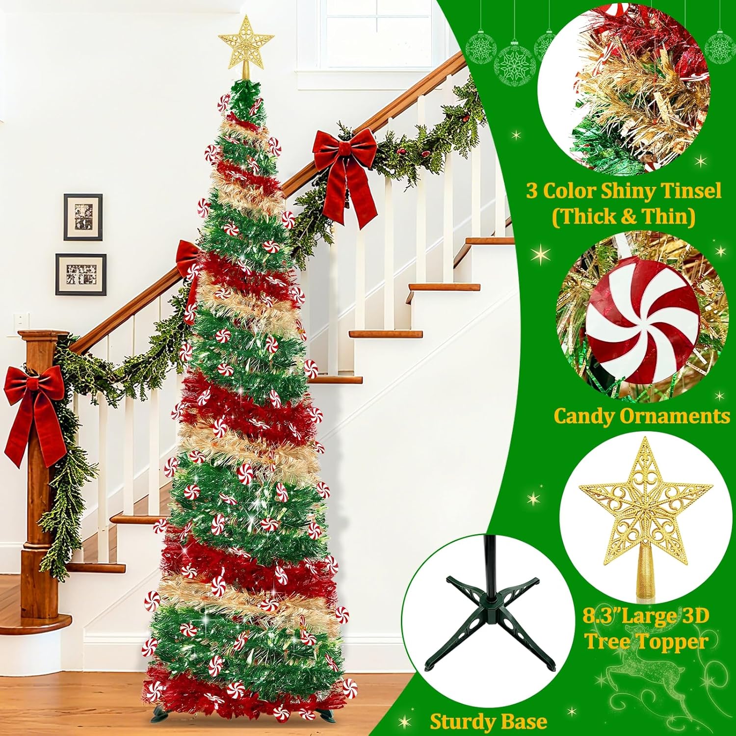 5 Ft Pop Up Christmas Tree with Lights, Red Green Gold Skinny Tinsel Pencil Tree Lollipop 50 Colorful Light Timer Battery Operated Christmas Tree Collapsible Xmas Decoration for Home Holiday Indoor