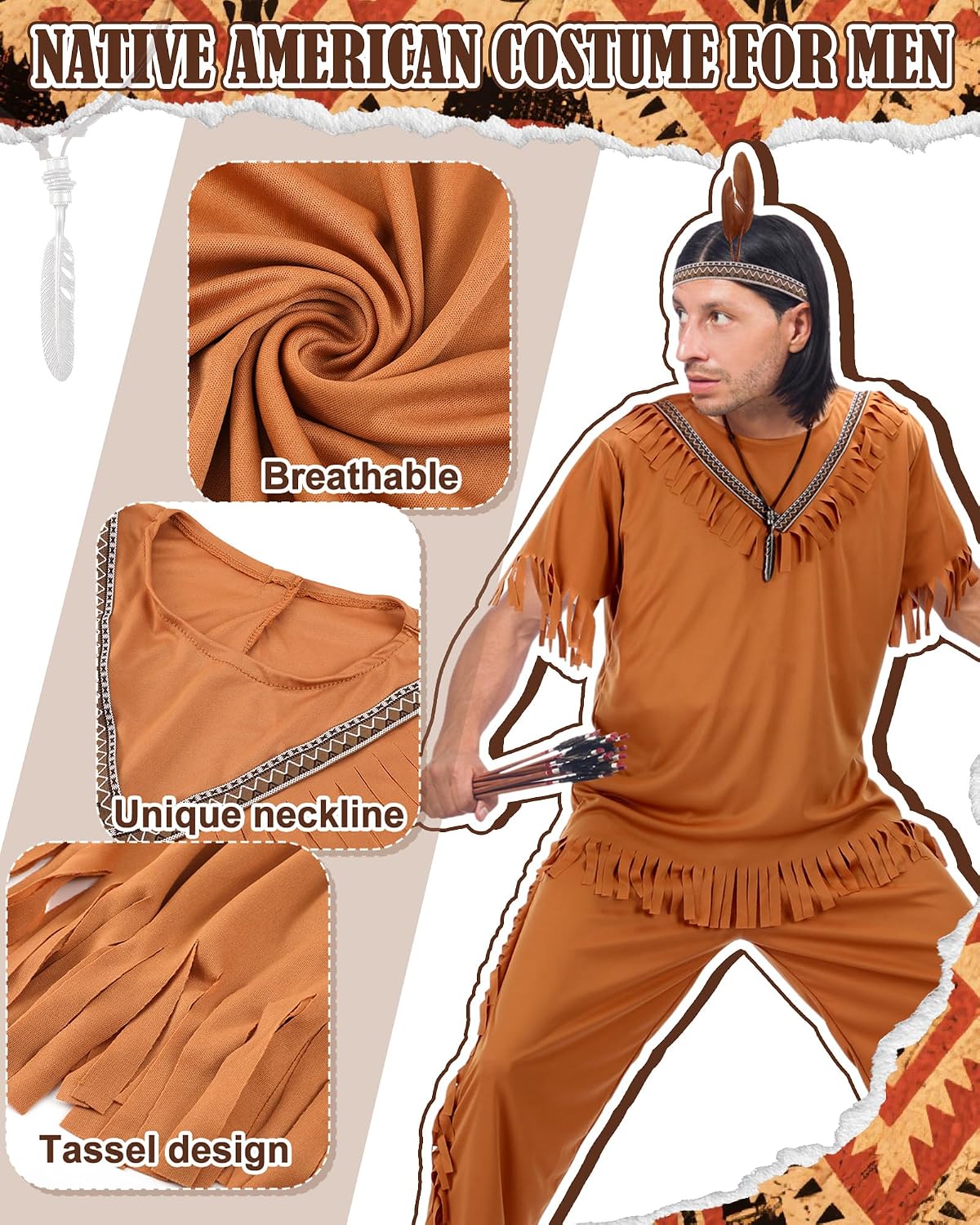 Jecery 4 Pcs Native American Costume for Men Indian Costume Indian Feather Headband Pendant Necklace for Halloween Cosplay