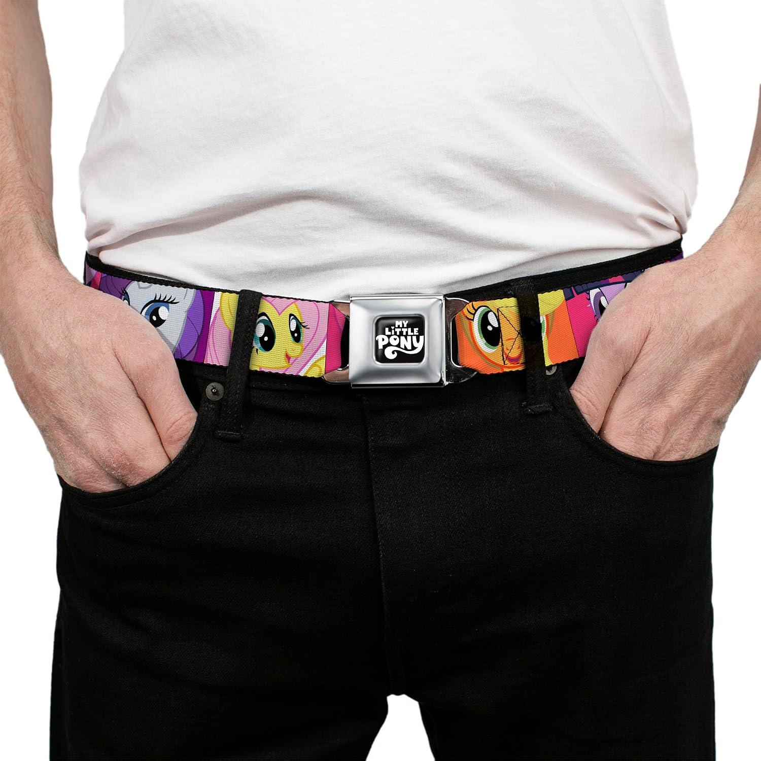 My Little Pony Belt, Seatbelt Buckle Belt, My Little Pony Mane Six Close Up Face Blocks Multi Color, Adjustable