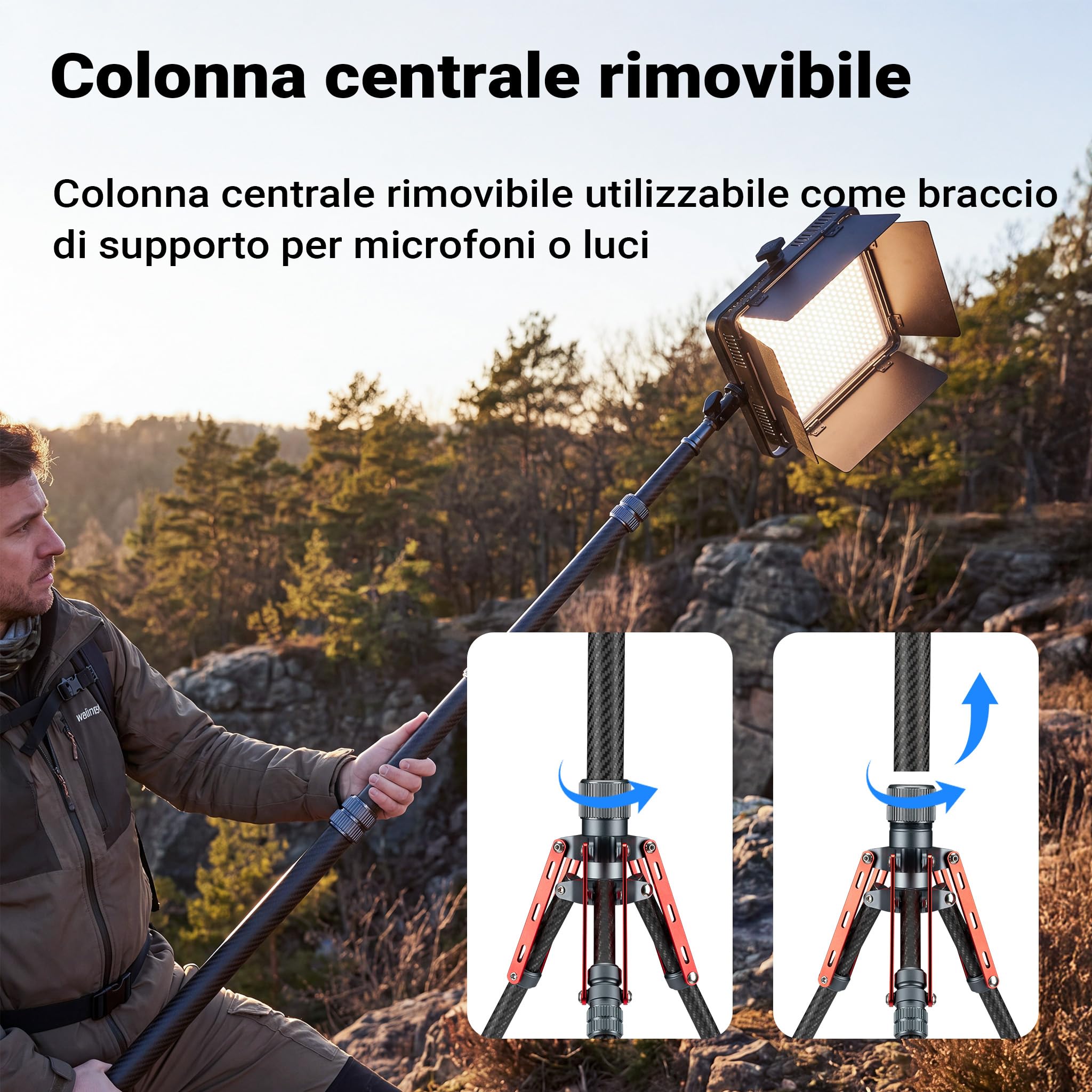 walimex pro Stativo per luci C-200 in carbonio altezza 2 m, cavalletto leggero da 600 g, treppiedi per flash con spigot da 5/8 di pollice per luci LED da studio, studi fotografici e riprese video