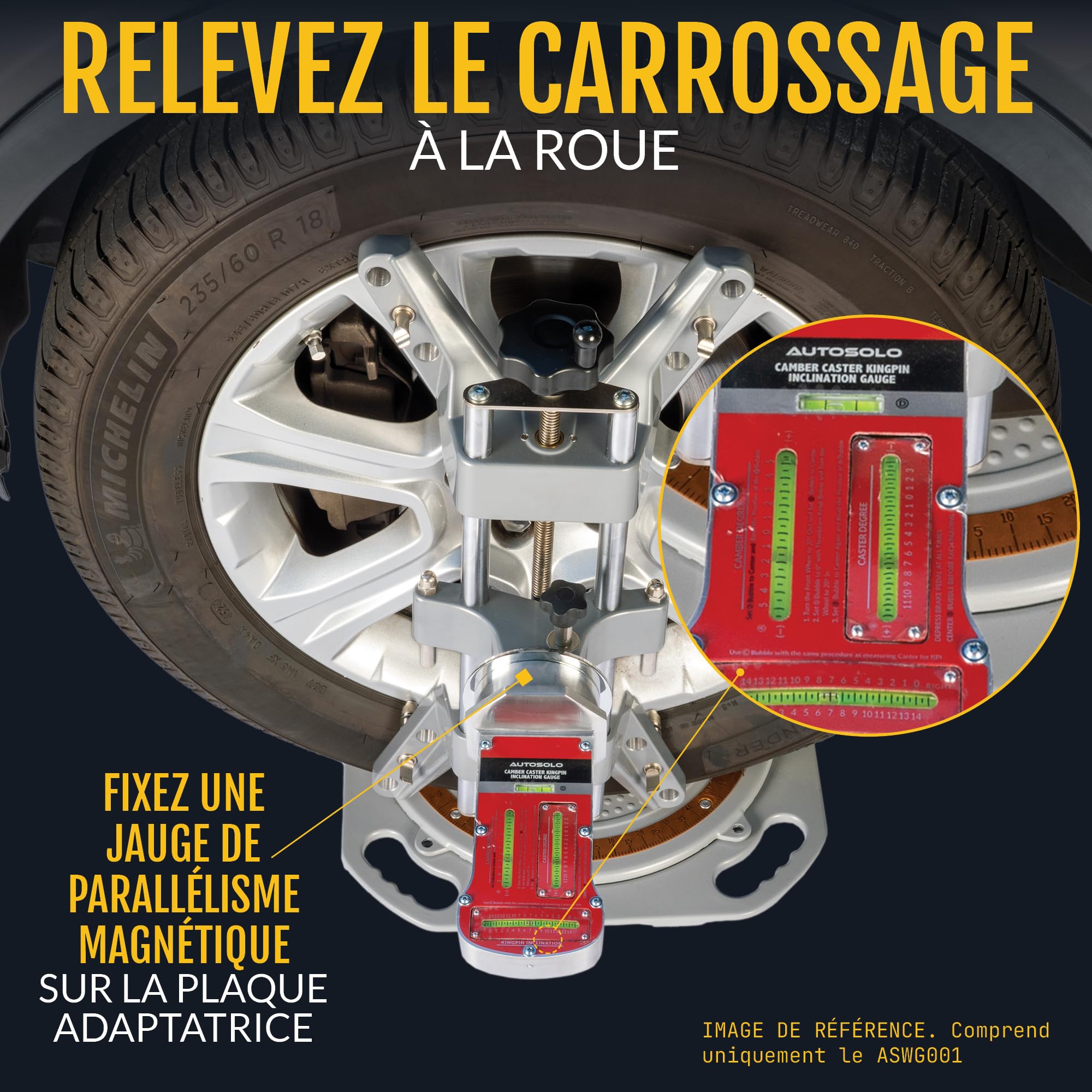 AutoSolo Serre-Roue d'Alignement Économique - Outil Mécanique Auto DIY avec Adaptateur Magnétique pour Carrossage - Jantes 28-63 cm (11-25 po)