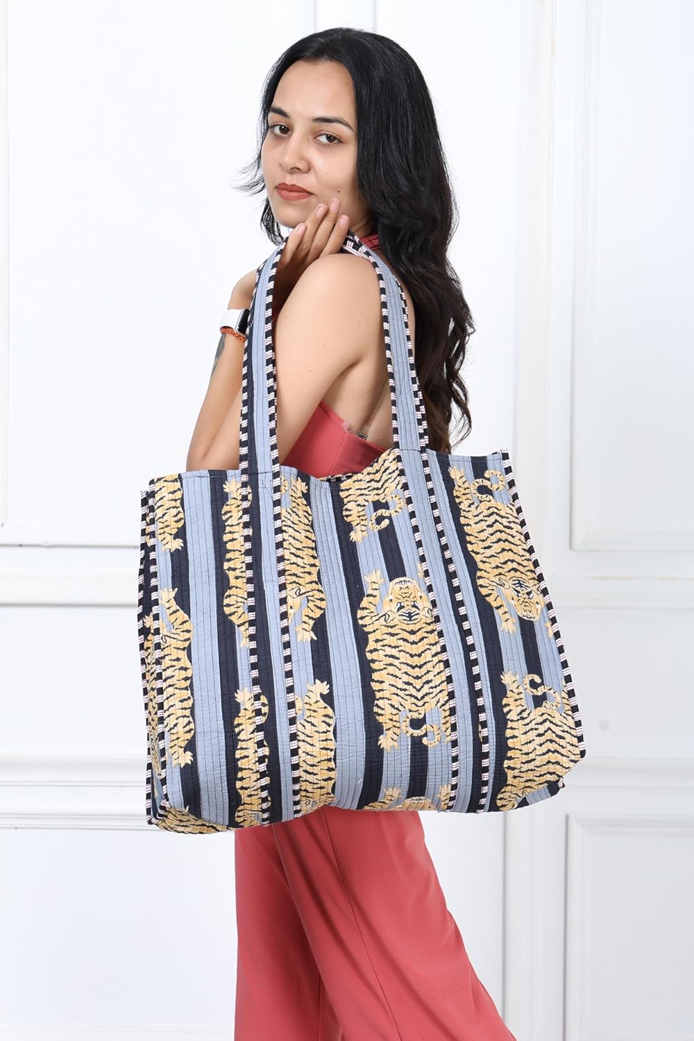 KLAVATE Women Handblock Lightweight Reversible Travel Bag Purse Cotton Shoulder Tote Bag For Shopping Valentine Gift For Her - Image 2