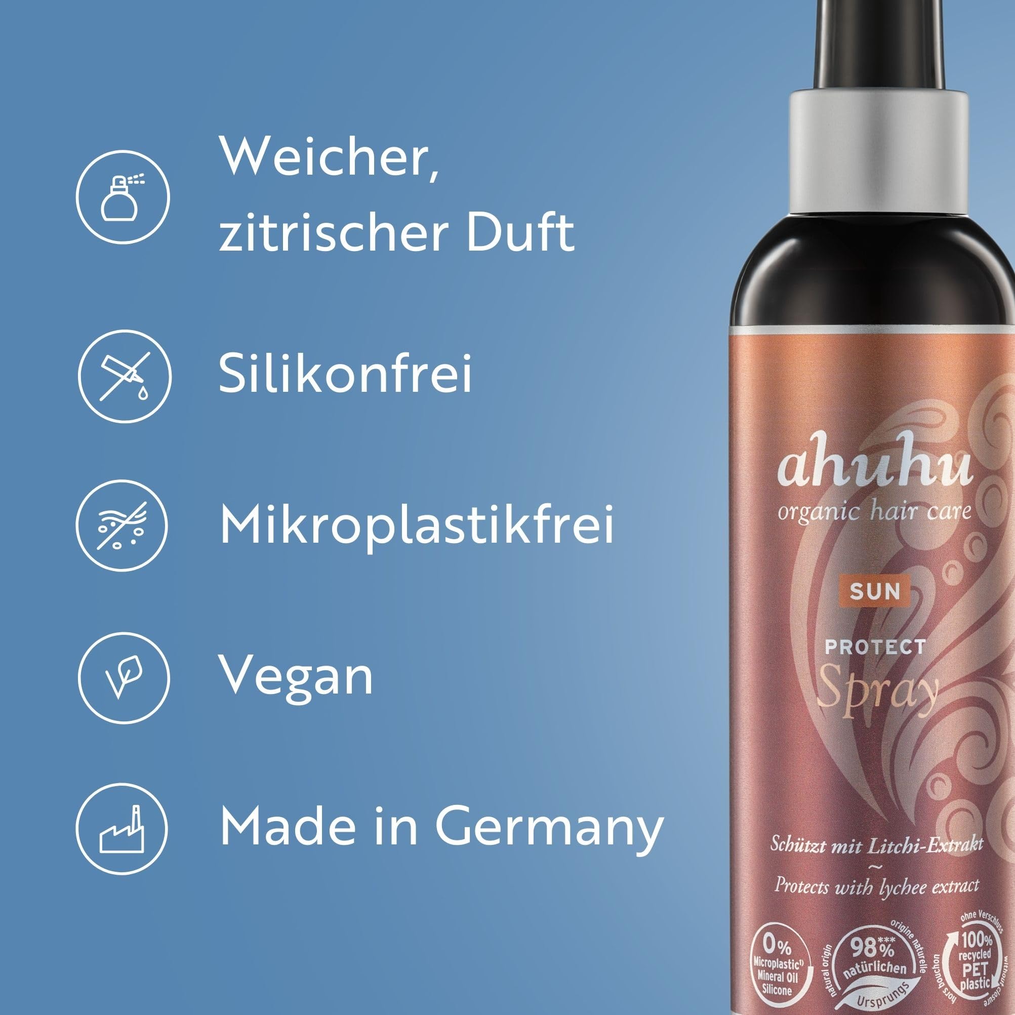 ahuhu Sun Protect Spray (200ml) | Schützendes Leave-on Pflegespray mit Bio-Kokoswasser und Litschi-Extrakt zum Schutz vor Chlor