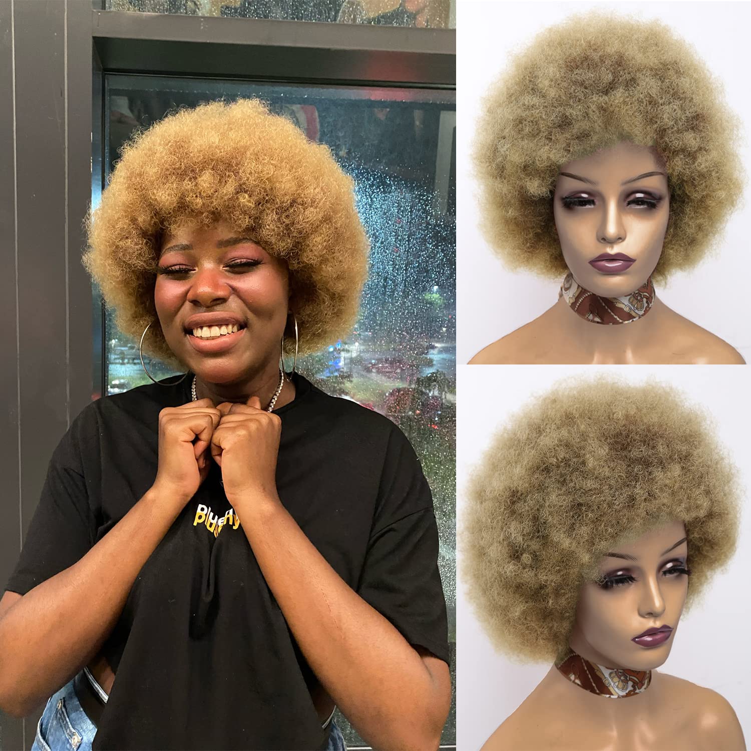 Sheila BeautyAfro Wigs for Black Women Short Curly Wig with Bangs Afro Wig Fluffy and Soft Natural Looking High Temperature Fiber Synthetic Wig for Women (6 inch,27#)