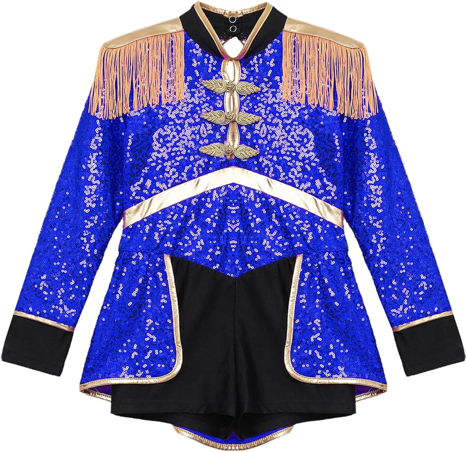Kids Girls Sequins Drum Majorette Costume Long Sleeve Leotard Tail Dance Dress with Hat