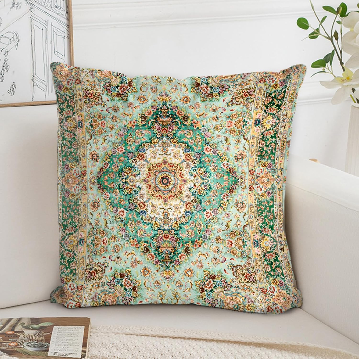 Boho Floral Throw Pillow Covers 16x16 inch Set of 2,Green Boho Rug Geometric Floral Pattern Decor Double Sided Pattern Cushion Cover Soft Pillow Case Living Sofa Room Bed Square Pillow Cover image 4