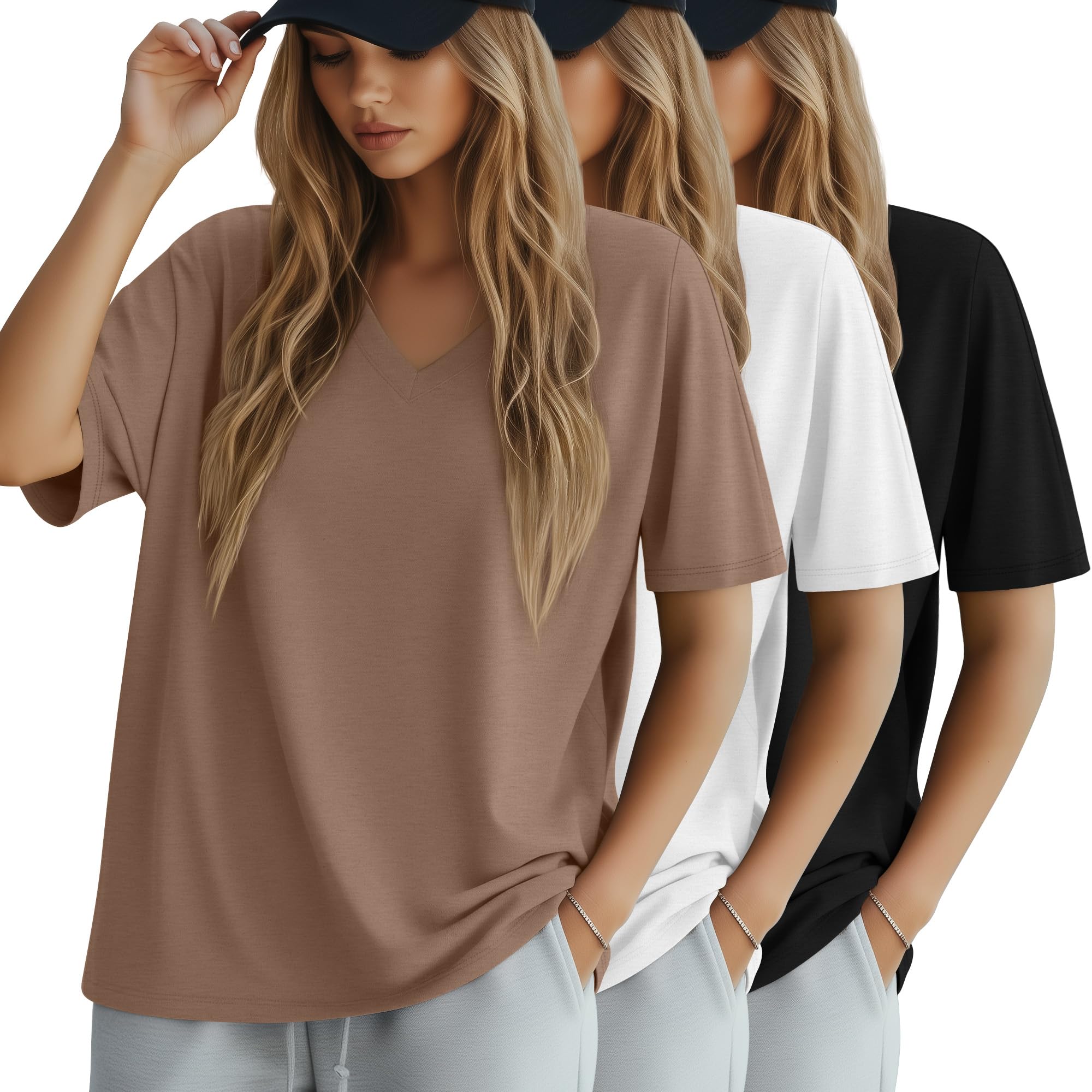 Huukeay 3 Pack Women's Oversized Cotton V-Neck Tees