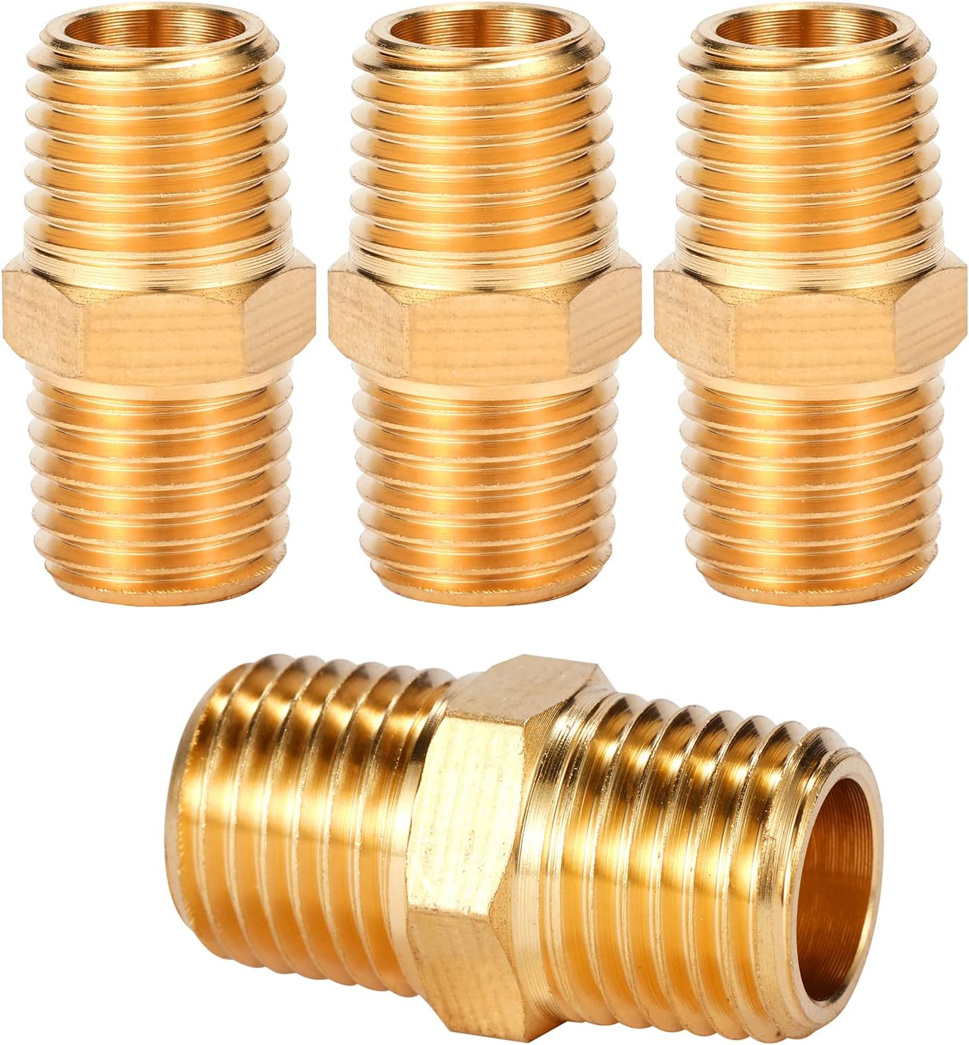 REGNHLIF 4 Pcs Solid Brass Pipe Fitting, Hex , 1/4" x 1/4" NPT Male Pipe Adapter
