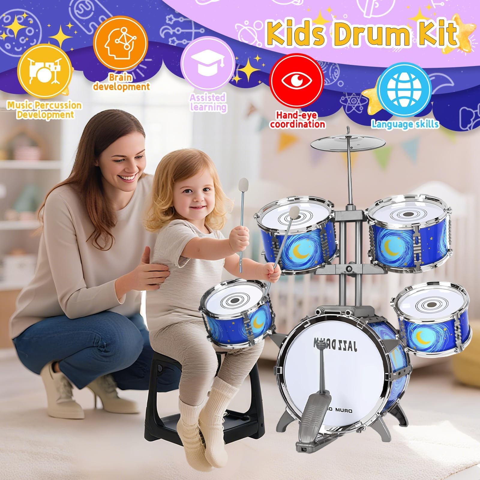 Kinder Schlagzeug Spielzeug von 3-7 Jahre - Kinderspielzeug Schlagwerk Drumset mit Hocker Musikspielzeug Weihnachten Geburtstag Geschenk für Kleinkinder Jungen Mädchen, Blau | Pädagogisches Musikinstrument für Anfänger, Geschenk für Kinder Mädchen Geburts