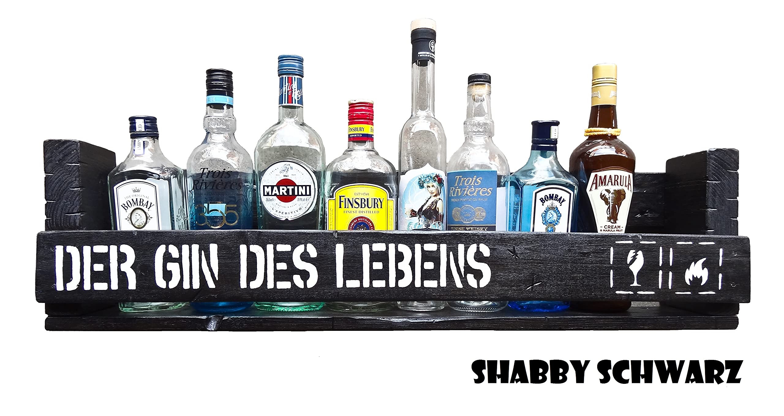 " Der Gin des Lebens " SHaBBY ViNTaGe PaLeTTeNReGaL (HxLxT: 23x8ox9,5cm) Wandbar Barelement Weinregal Flaschenhalter shabby vintage rustikal Flaschenregal personalisierbar