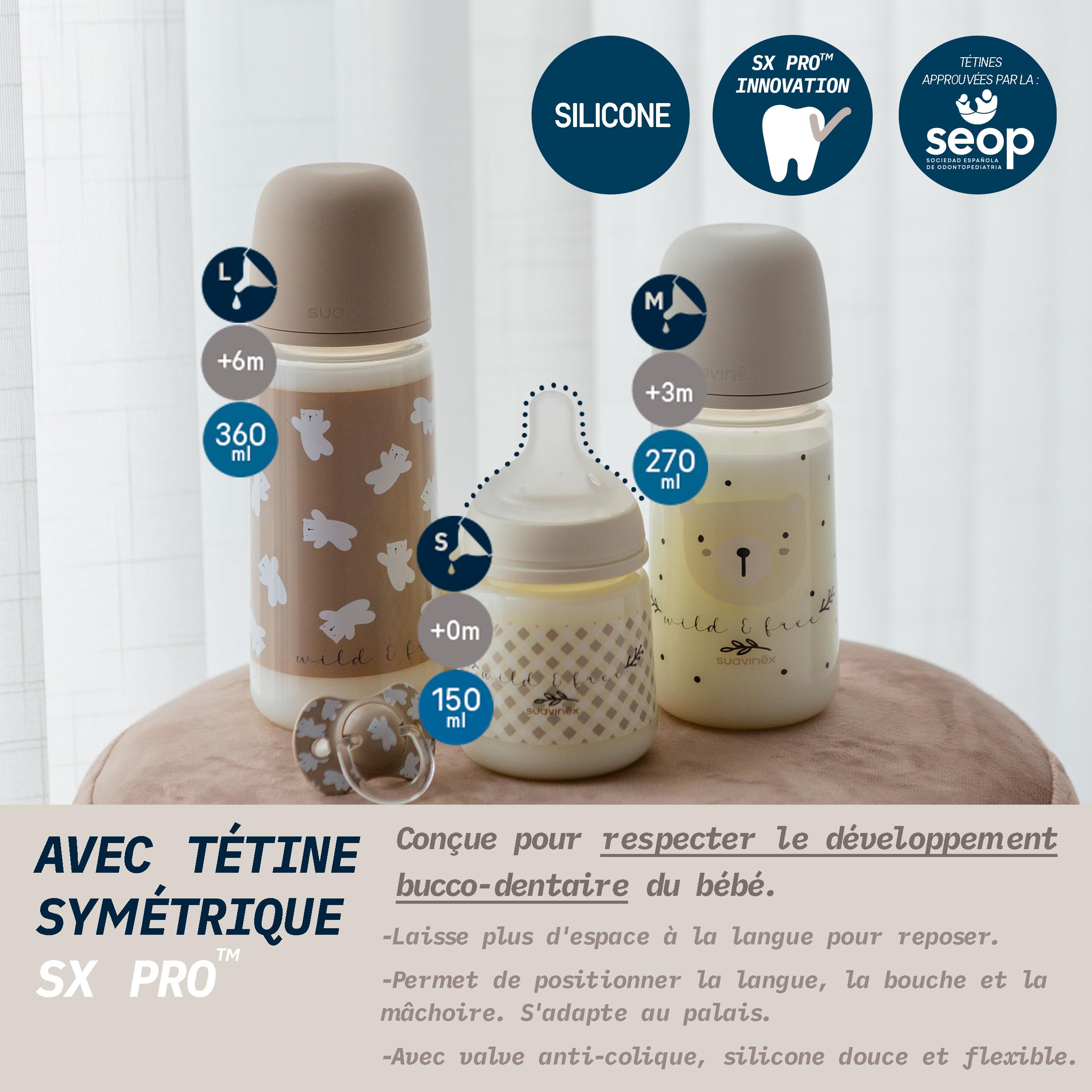 Suavinex, Lot de 2 Biberons de 360 ml, Tétine Symétrique SX Pro en Silicone avec Valve Anticolique, Débit Dense (L), Convient aux bouillies/purées liquides. Bébés +6 Mois. Birdies et Wild&Free, Beige
