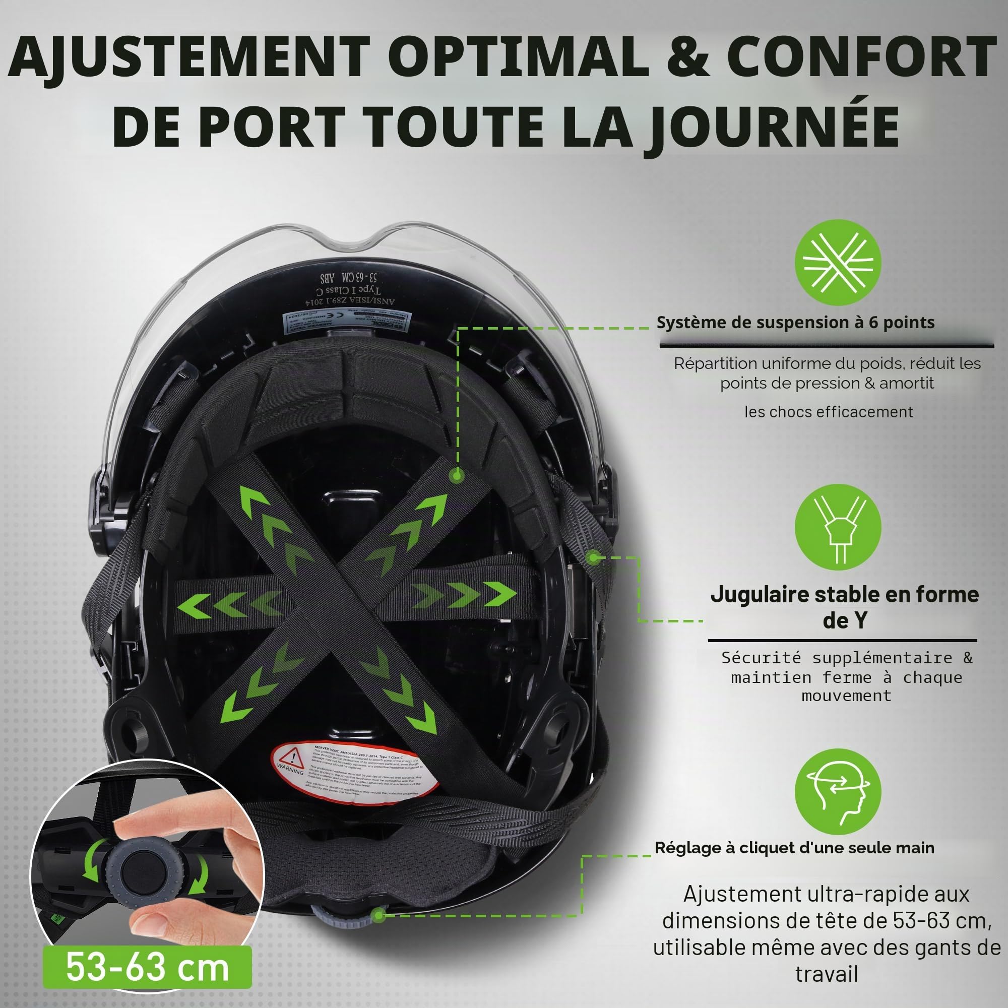 GREEN DEVIL Casque de Protection de Travail avec visière Transparente et Protection auditive - Casque de sécurité ABS réglable - Casque de sécurité ventilé avec Casque Industriel en 397 (Noir)