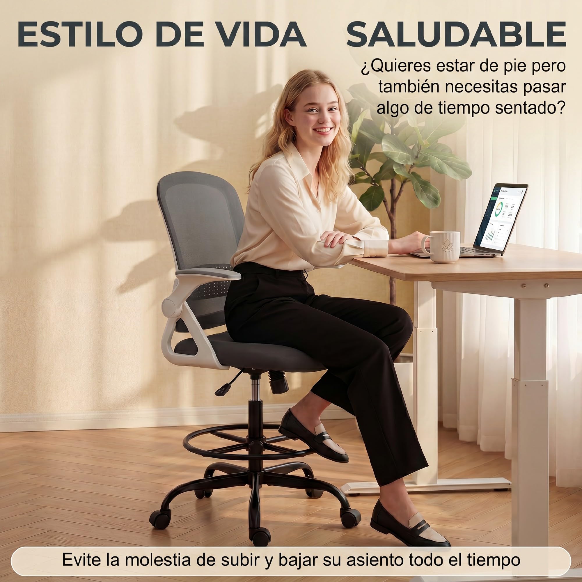 HOMCOM Silla de Escritorio de Malla, Silla de Dibujo con Reposabrazos Abatibles, Altura Ajustable, Soporte Lumbar, Reposapiés, Ruedas Giratorias para Oficina, Estudio, Gris