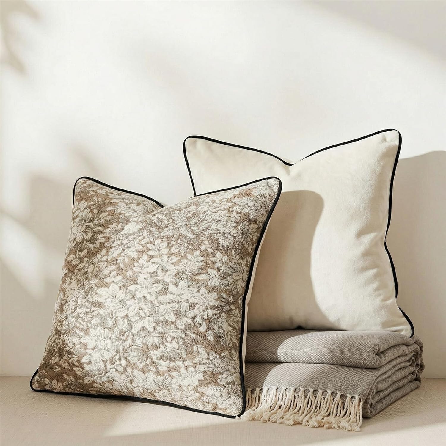 Throw Pillow Covers 20x20 Inch Set of 2, Large Boho Botanical Little Hibiscus Pillow Covers for Bed Couch, Decorative Cushion Covers, Beige