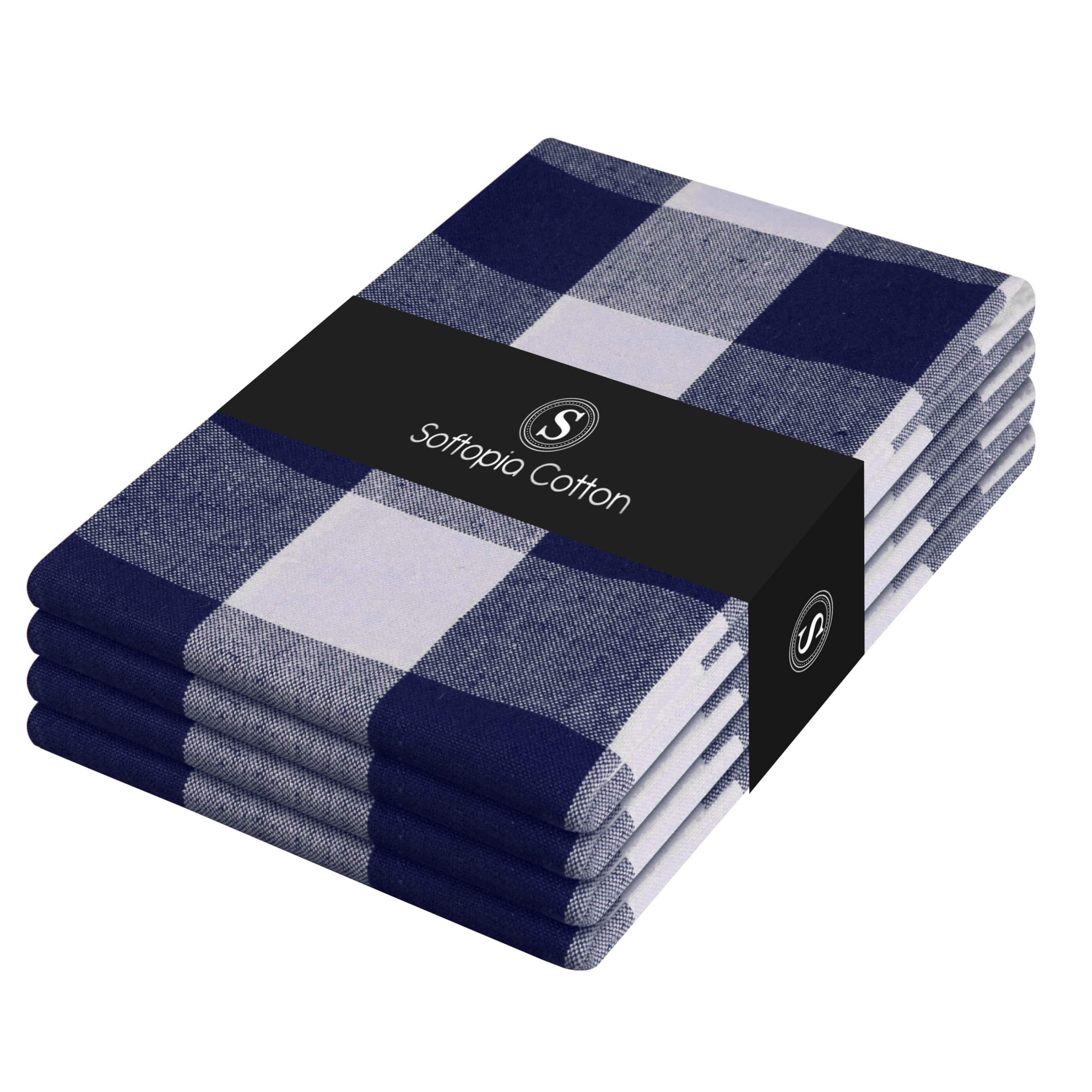 Navy Blue Buffalo Check Kitchen Towels, 4 Pack, 100% Cotton, 16x26 Inches, Soft, Absorbent, Quick Dry, Dish Cloths, Bar &amp; Restaurant Cleaning Towels with Hanging Loop, Navy White