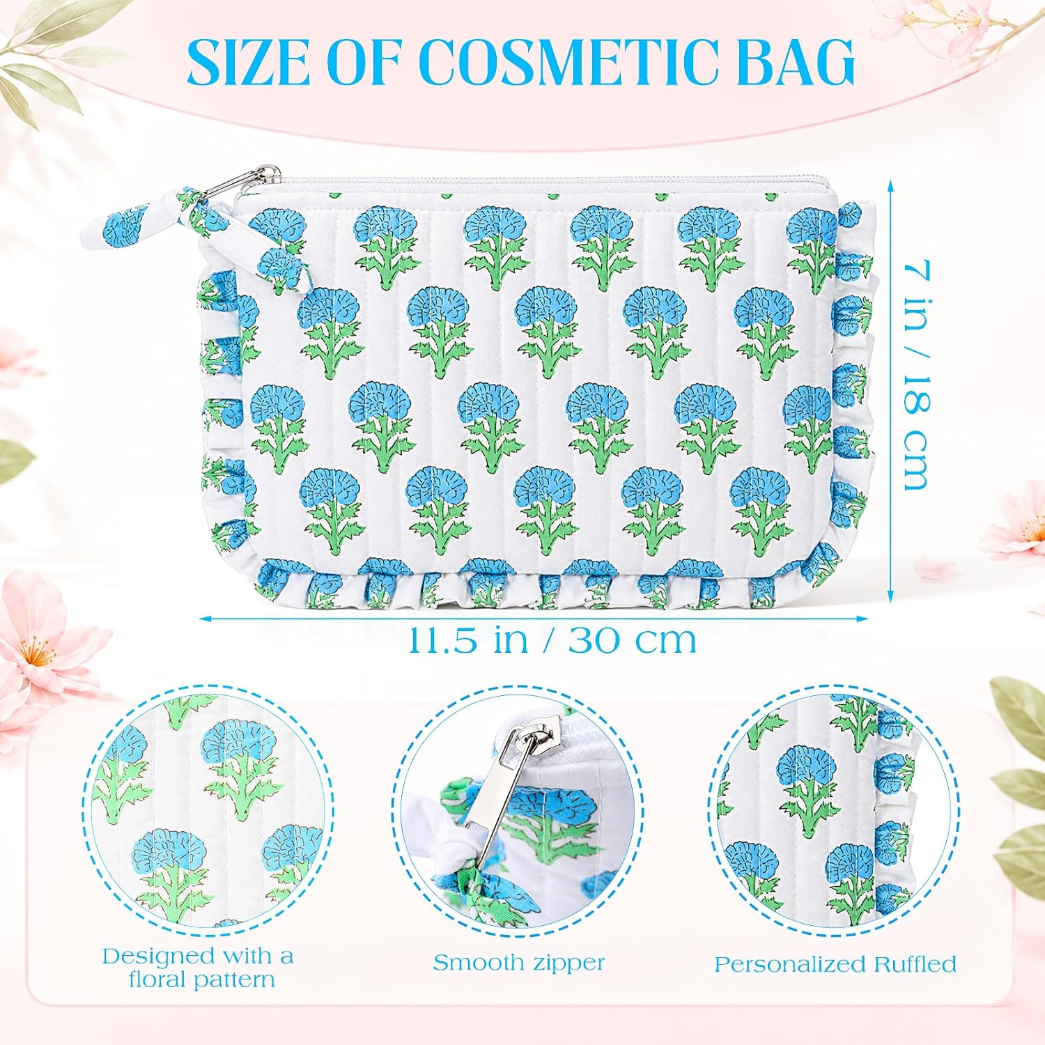Gilprop Floral Makeup Bag Large Cotton Cosmetic Pouch for Women Girl, Blue image 2