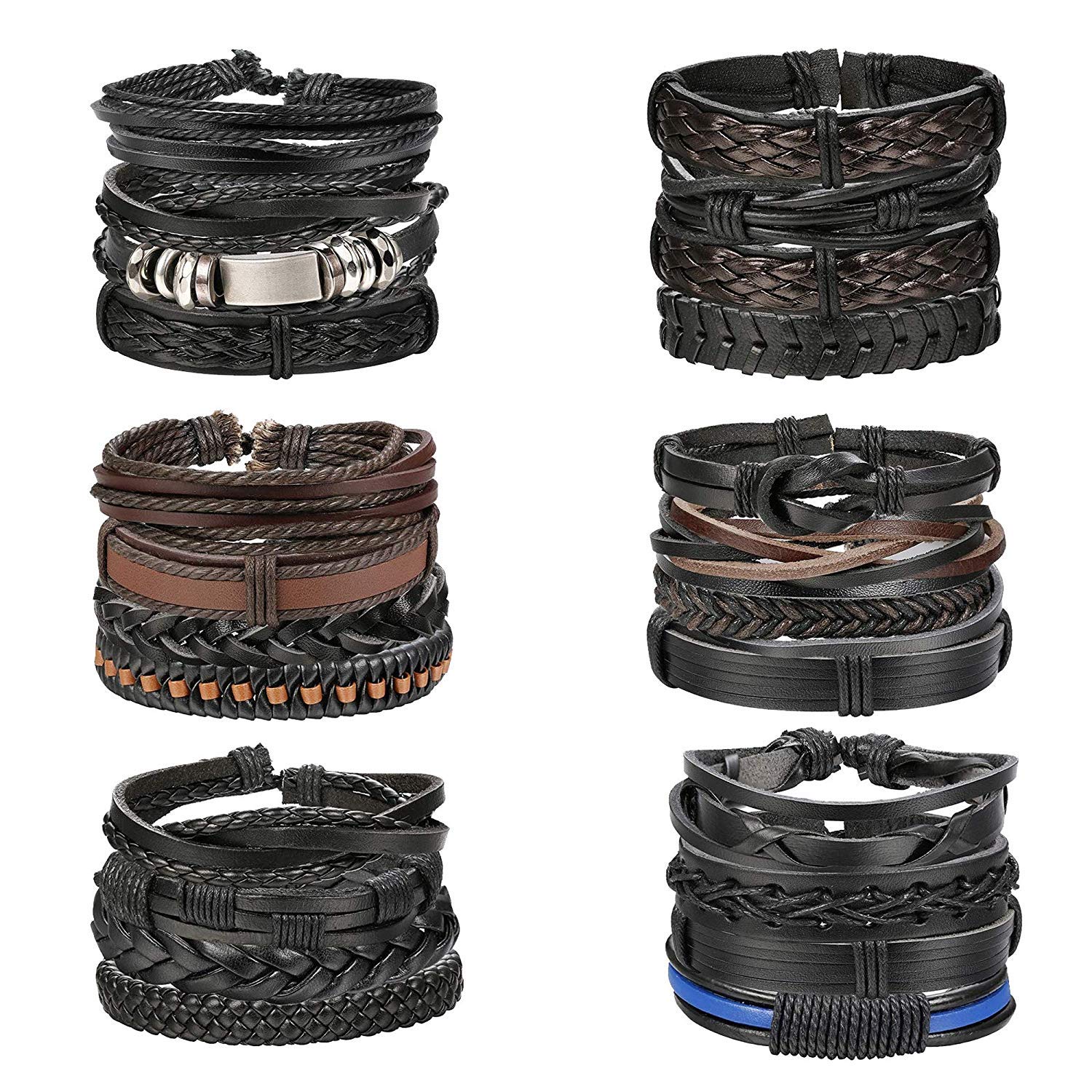 Finrezio24 Piezas Pulseras De Cuero Trenzado para Hombres Mujeres Juego De Brazalete De Puño Negro Ajustable