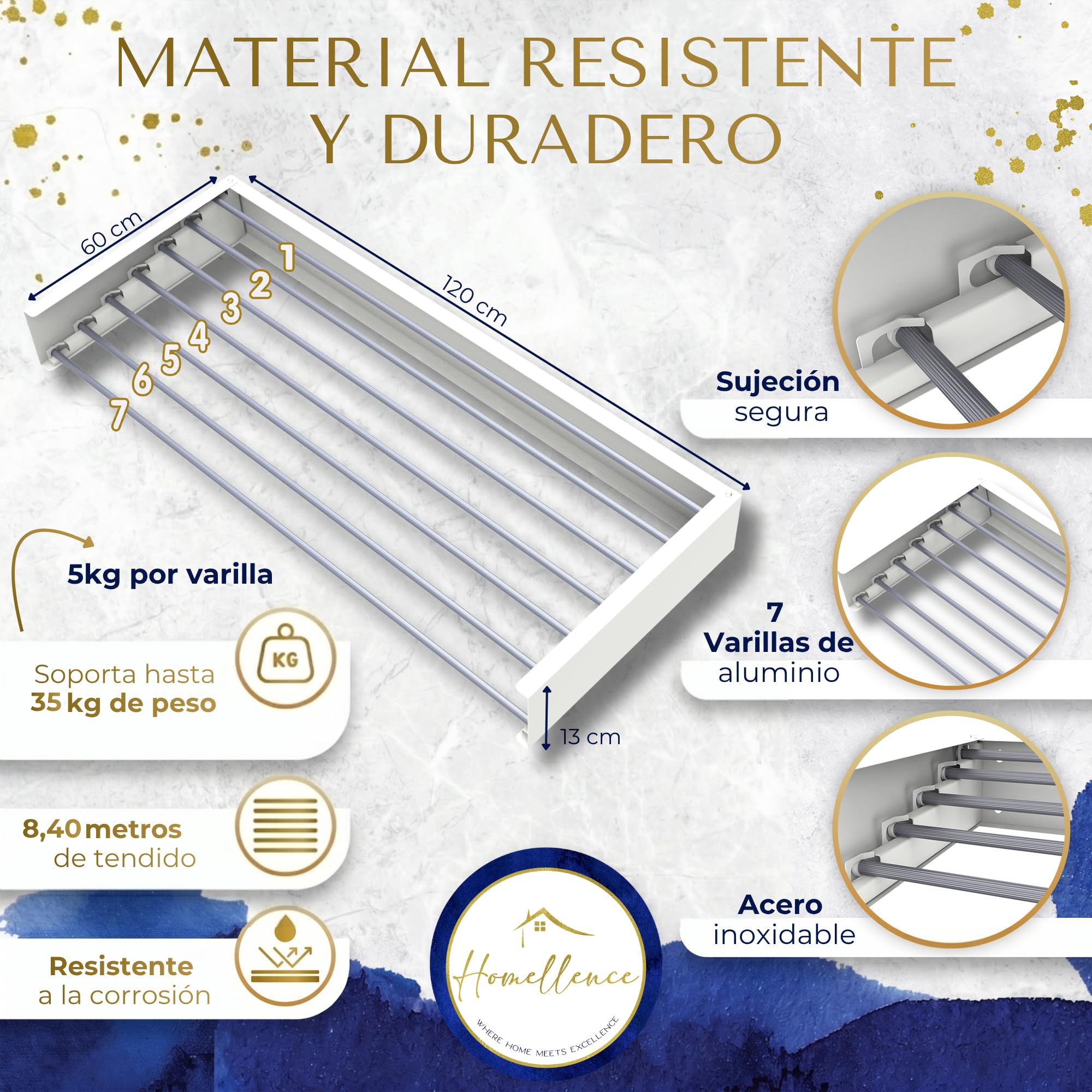 Tendedero Extensible y Plegable de Pared para Interiores y Exteriores - Tenderete Elegante para Montar en Paredes - Estendal Parede (Blanco, 120 cm)