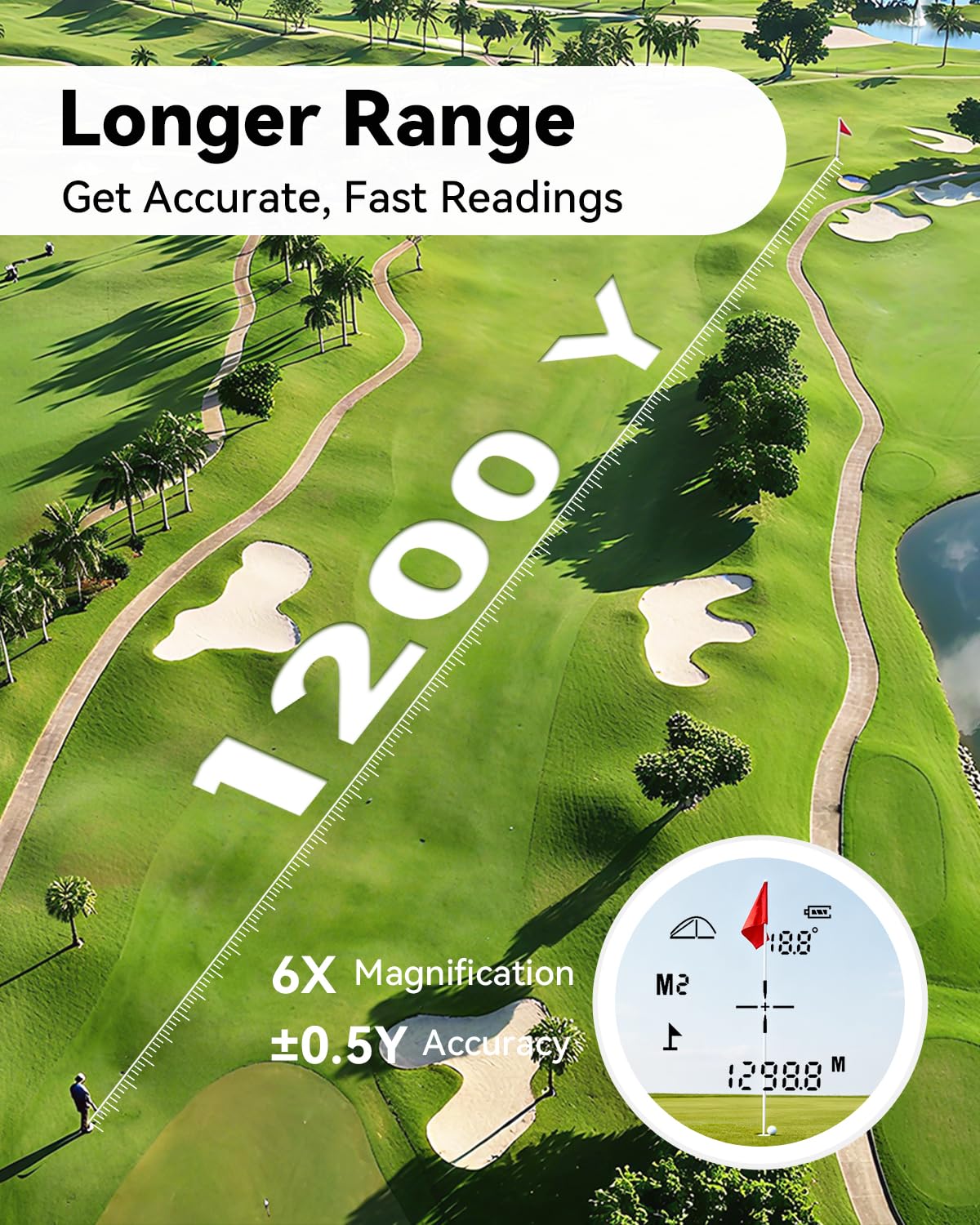 Telémetro de golf con pendiente, 1200 yardas láser para golf con pantalla externa, vibración de bloqueo de mástil de bandera, aumento 6X, accesorios de golf para hombres