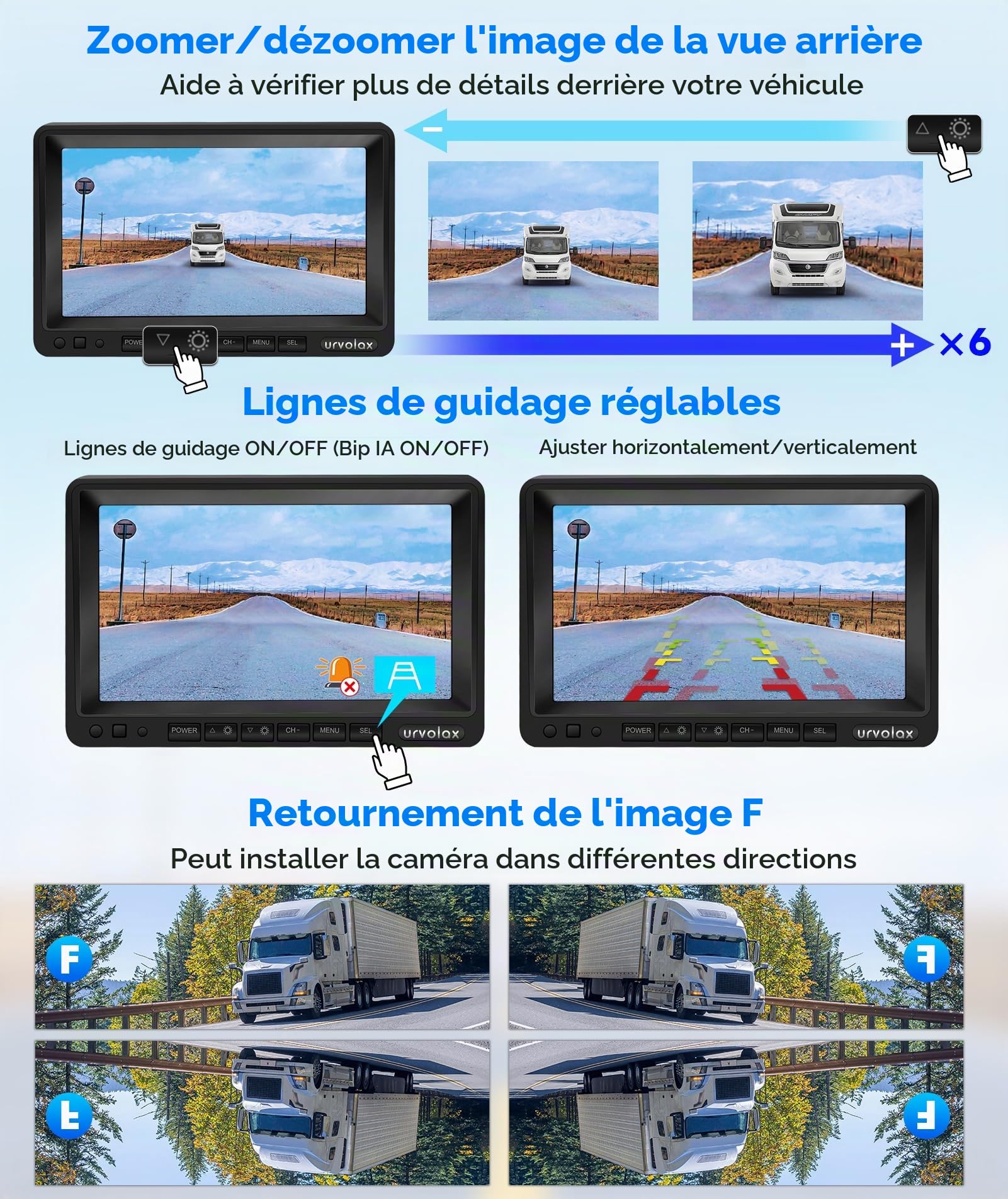 URVOLAX Camera de Recul Sans Fil avec Détection Par IA Alarme Sonore, Kit Système de Stationnement 1080P HD 7 Pouces Moniteur, Caméra de Recul pour Camping-Car, Camion, Fourgon, Caravane, Une Remorque