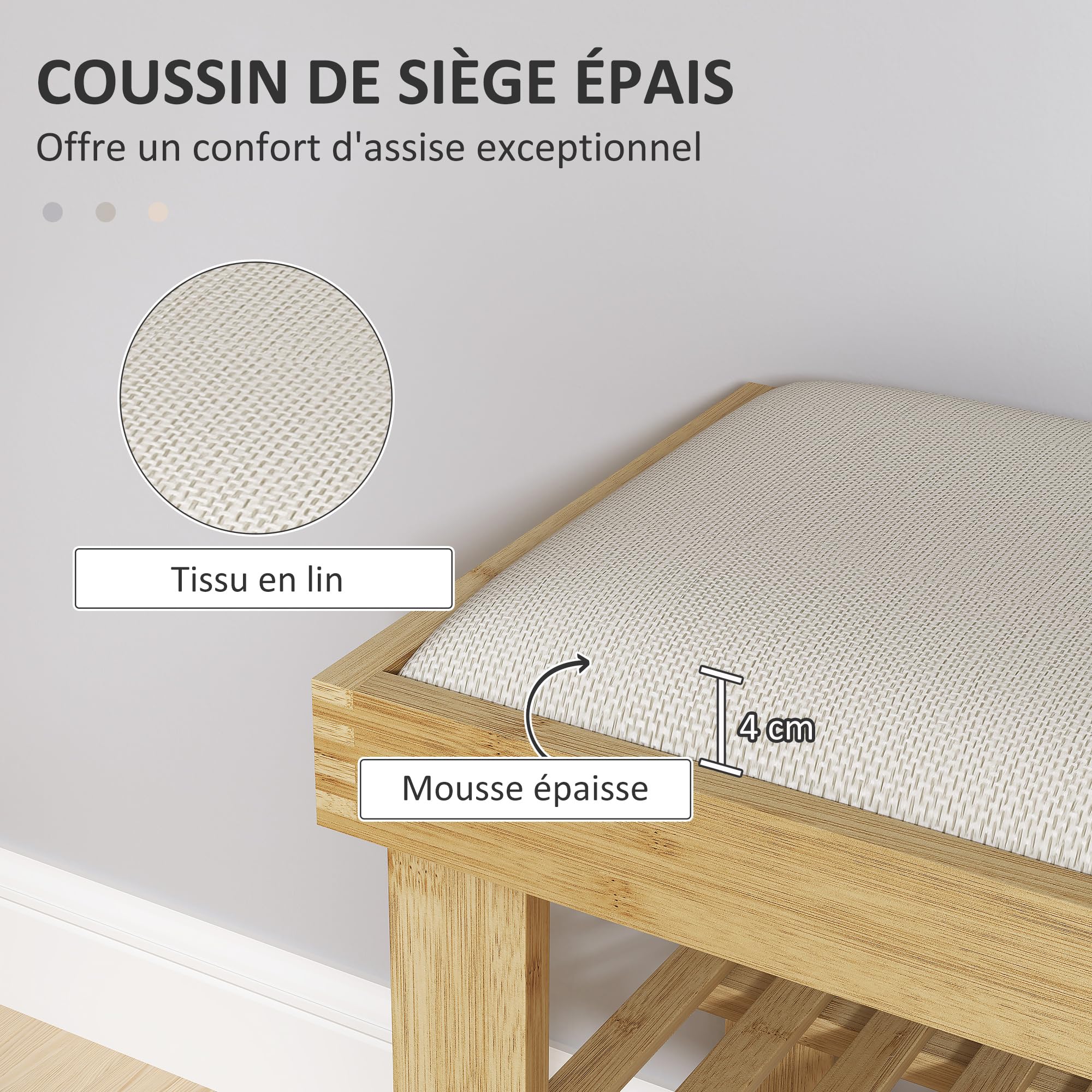 HOMCOM Banc à Chaussures en Bambou 60 x 29 x 49 cm, Crème et Bois Naturel | Étagère à Chaussures à 3 Niveaux, Style Scandinave, Banc de Rangement, pour Entrée, Salon, Chambre, Charge 150 Kg