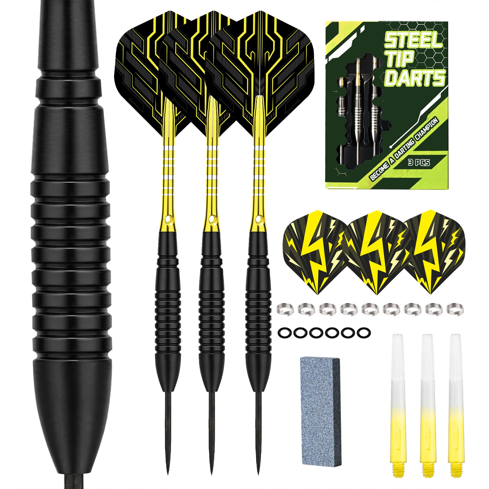 WayArrival Steeldarts Set 22g – Premium Nickel-Silber Barrels (Schlanker als Messing) – Profi Dartpfeile mit Metallspitze für Sisal-Dartscheibe – Inkl. Schleifstein, 6 Ersatz-Flights & Schäfte, Etui