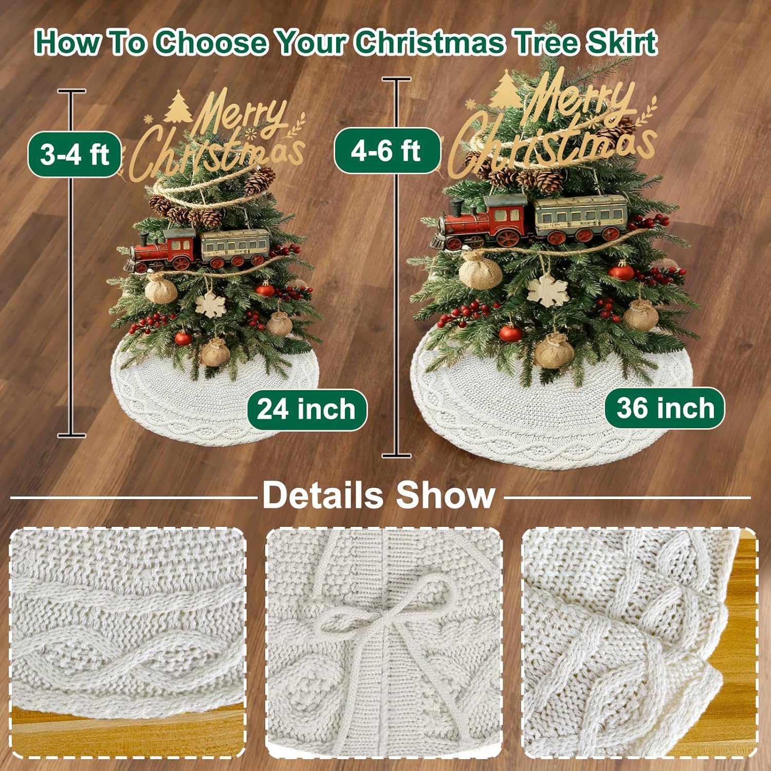 24 Inch Christmas Tree Skirt, Ivory White Knitted Tree Skirt, Vintage Rustic Farmhouse Christmas Decorations Home Party Holiday Xmas Ornaments