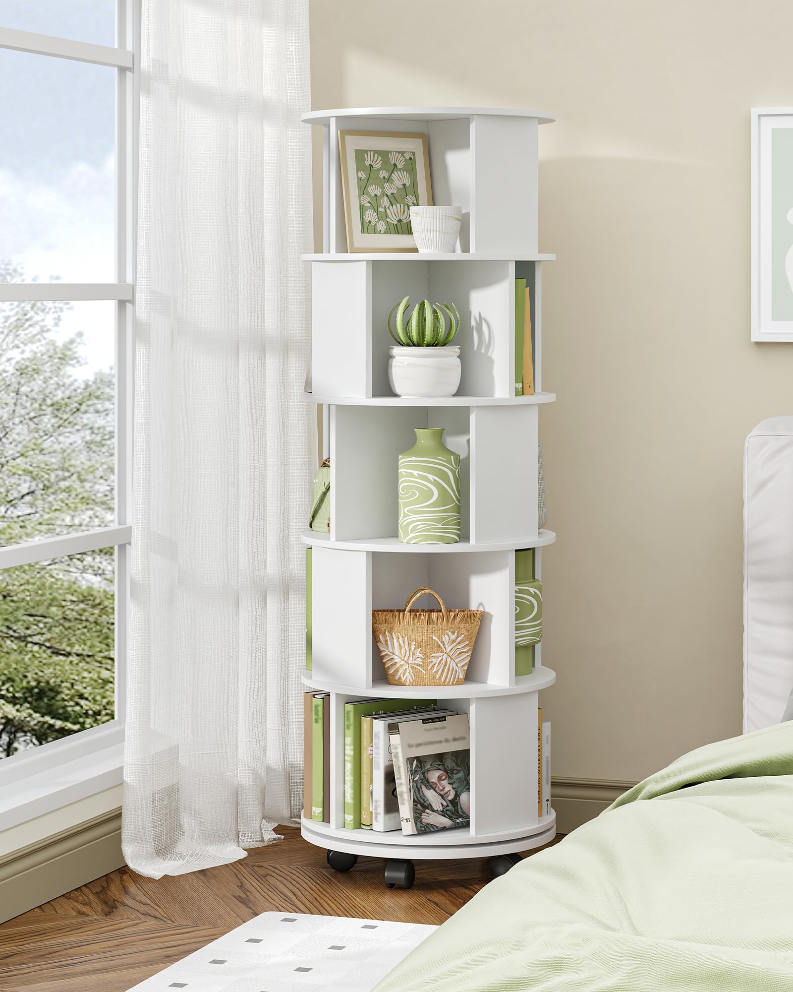 Hzuaneri Libreria Estantería Giratoria 360°, Librero Vertical de 5 Niveles, Estante para Libros con Ruedas Fijas, para Salón, Estudio y Oficina, 45 x 45 x 161,5 cm, Blanco BC54003X | Estantería de almacenamiento de 5 niveles, estantería moderna con ruedas