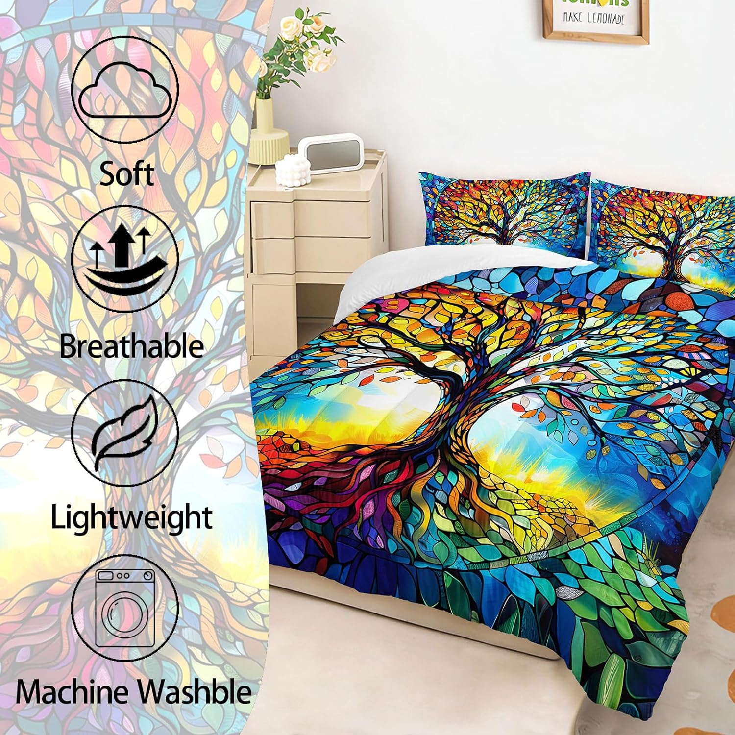 AILONEN Colorful Tree of Life Comforter Set Queen Size,Oil Painting Tree Art Aesthetic Bedding Set,Soft Boho Comforter with 2 Pillowcases,3Pcs