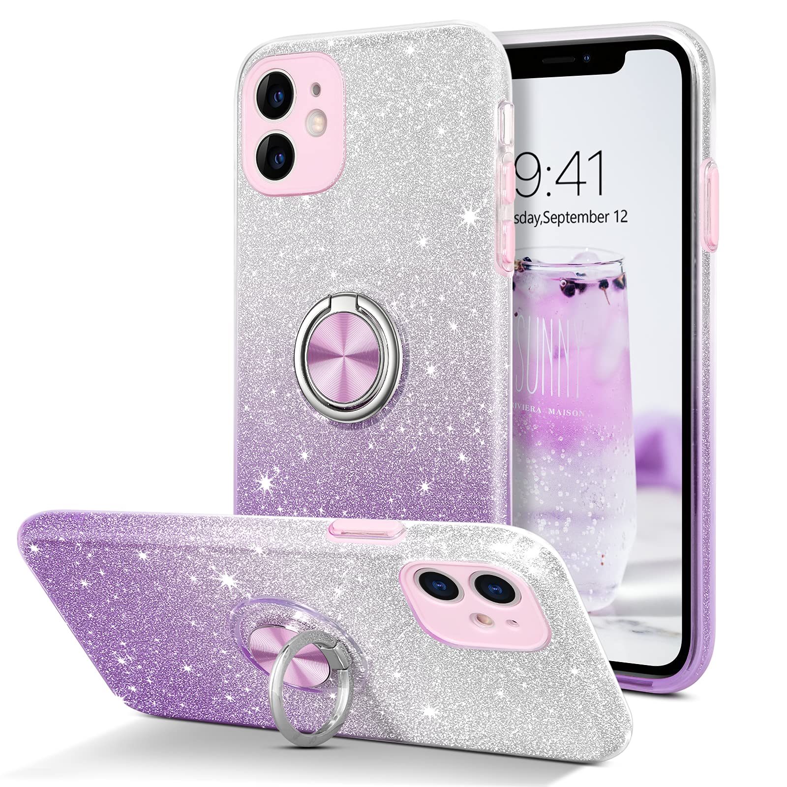 DOMAVER for iPhone 11 Case Glitter Bling Sparkly Luxury Case 3 Layer Hybrid Silver with 360 Rotating Ring Stand Soft TPU Cover and Hard PC Protective Case for iPhone 11 6.1 inch (2019)-Purple