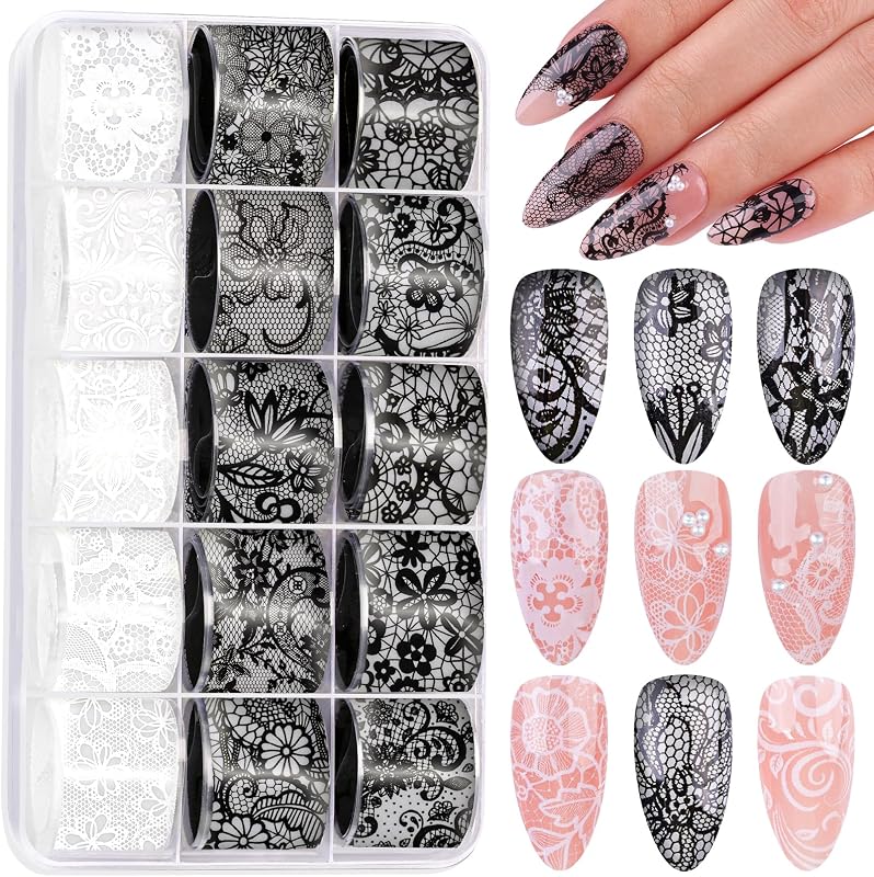 15 Rolls Black White Lace Nail Foil Transfer Stickers, Nail Lace Flowers Stickers Design Holographic Nail Foils Transfer Paper Nail Art Decals for Women DIY Acrylic Nails Manicure Wraps Salon Supplies