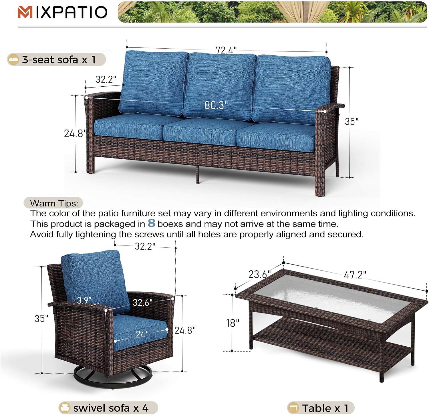MIXPATIO 6-Piece Wicker Patio Furniture Set with Swivel Chairs, High Back Outdoor Sofa with 5.5-inch Thick Cushion, All-Weather Wicker Patio Conversation Set for Deck Yard Pool, Navy Blue
