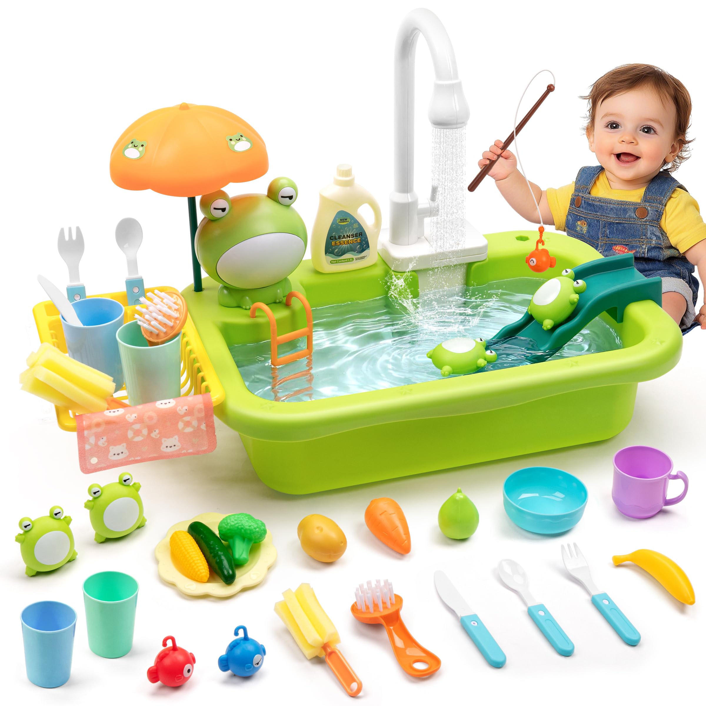 Play Sink with Running Water,Kids Play Water Toy with Upgraded Electric Faucet,Kids Kitchen Accessories,Fishing Water Toys,Pretend Role Dishwasher Toy for Boys Girls