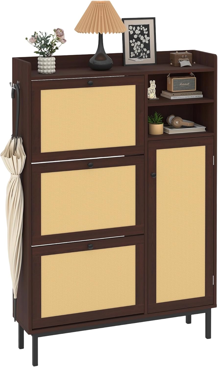 Garvee Freestanding Shoe Cabinet with 3 Flip Drawers and 5 Tier Shelves, Natural Rattan Shoe Organizer Storage for Entryway Hallway Closet