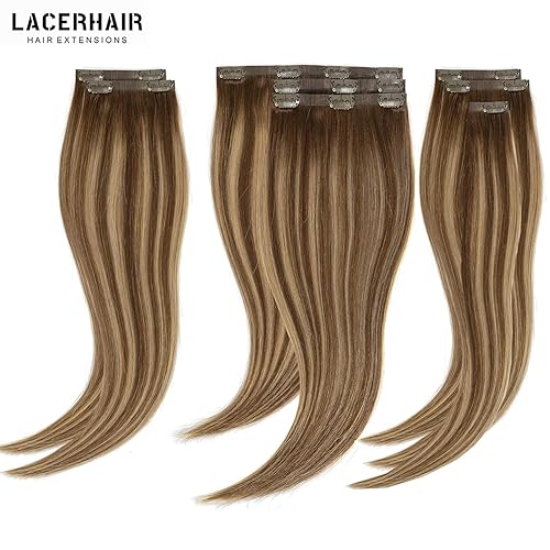 Vista 427 de Lacer Extensiones de cabello humano con clip, de doble trama, cabello brasileño de cabeza completa, color negro azabache, extensiones de cabello