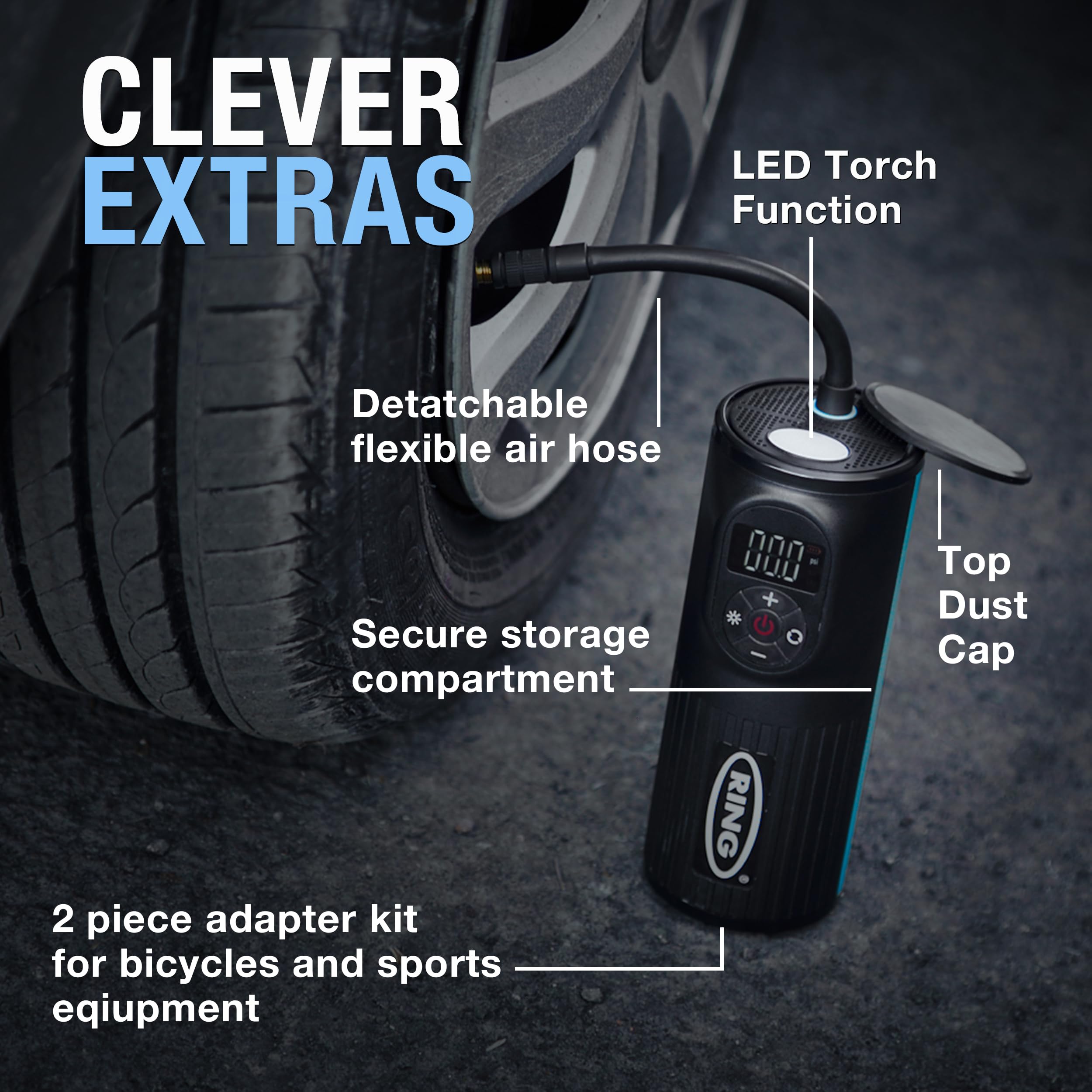 Ring Automotive - RTC2000 Cyfrowy akumulatorowy nadmuchiwacz opon sprężarka powietrza i elektryczna pompka do roweru z manometrem pamięci LED, Powerbank i zestaw adaptera, czarny
