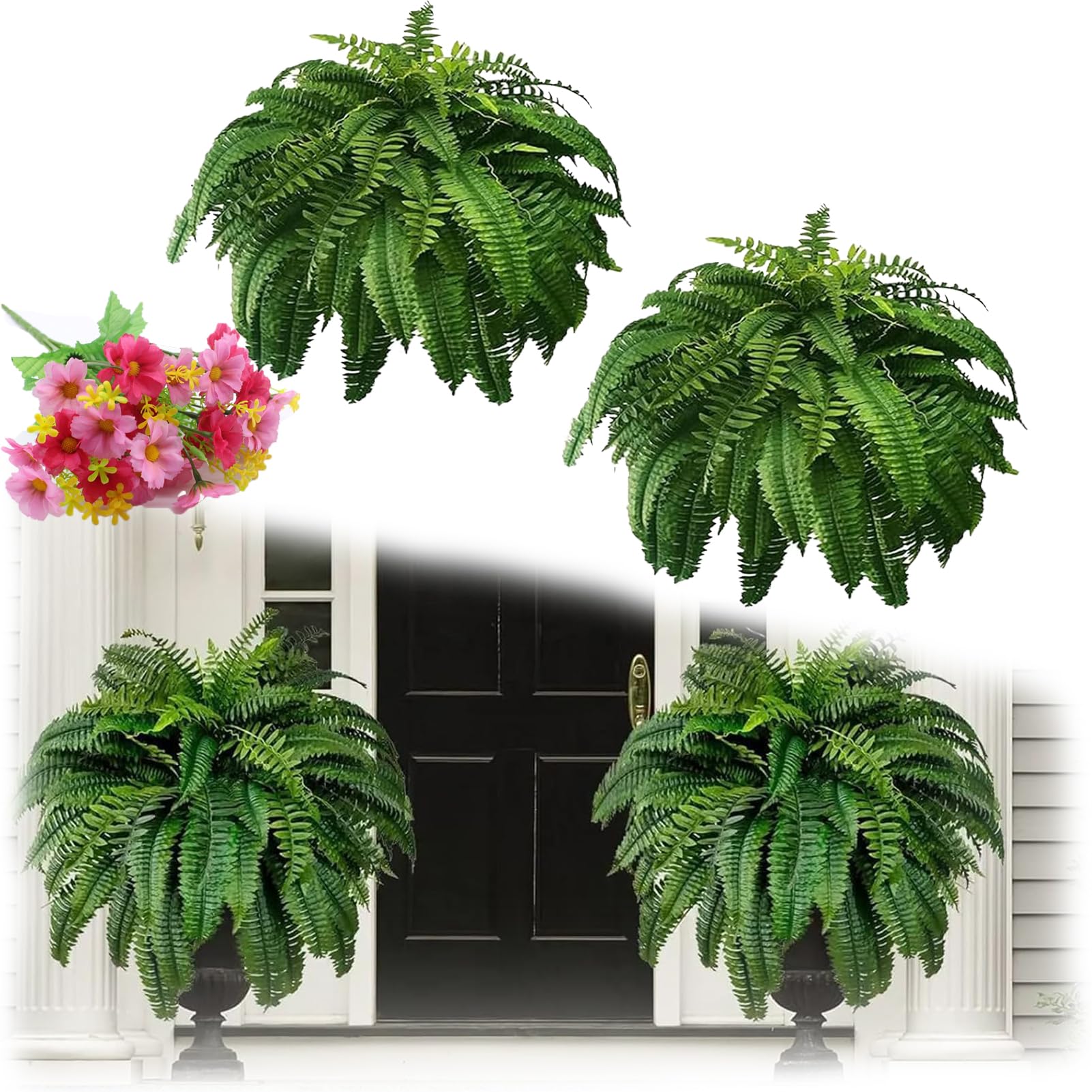 UV Resistant Lifelike Artificial Boston Fern, Boston Fern Artificial Outdoor Plants Large, Faux Ferns For Outdoor Planter Large, Fake Fern Artificial Ferns For Outdoors (17" 28 leaves, 2pcs)