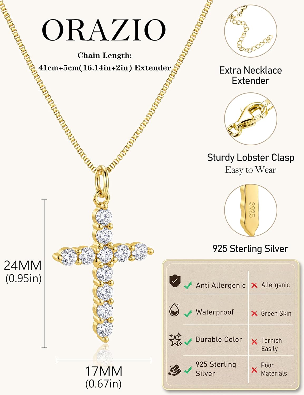 ORAZIO Cross Necklace for Women, 925 Sterling Silver or 18K Gold Plated Cross Necklaces Simple Box Chain Small Cross Pendant Choker Necklace Jewelry Gifts