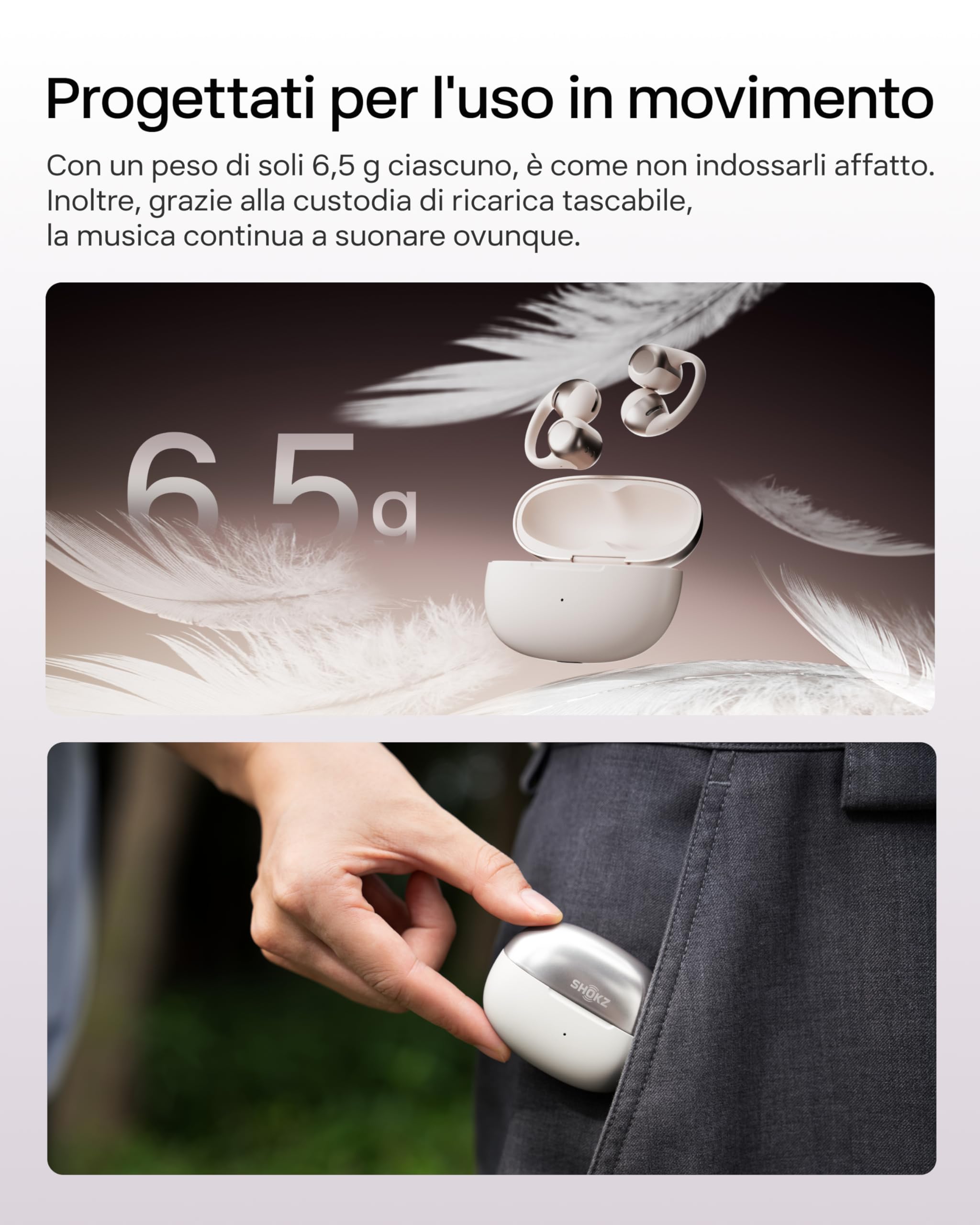 SHOKZ OpenDots ONE Cuffie Open-Ear, Audio Dolby Premium, Auricolari a Clip da 6,5 g, Bluetooth 5.4, Wireless con Microfono, Ricarica Rapida, 40h Autonomia, IP54, con Panno per la Pulizia - Grigio