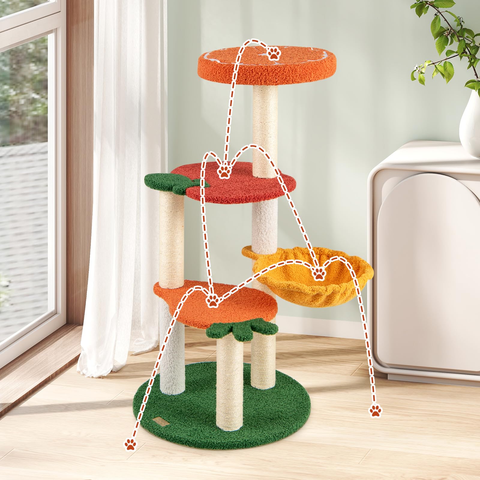GOPLUS Árbol para Gato de Múltiples Niveles, Centro de Actividad con Plataformas en Forma de Frutas, Percha Acolchada, Postes para Rascar de Sisal, Cesta Giratoria, Mueble Torre Interior para Gatos