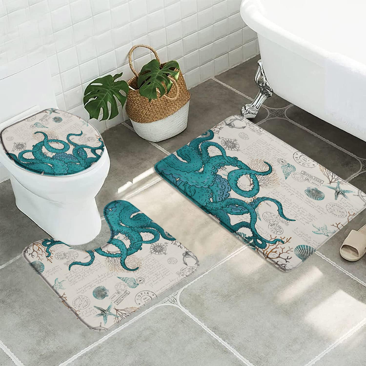 3 Pieces Bath Mats Octoplus Nautical Teal Beach Coastal Compass Lighthouse Anchor Seashell Starfish Animal Bath Floor Rug Non Slip Bathroom Rugs Mat Absorbent Toilet Rugs Set For Bathroom Shower