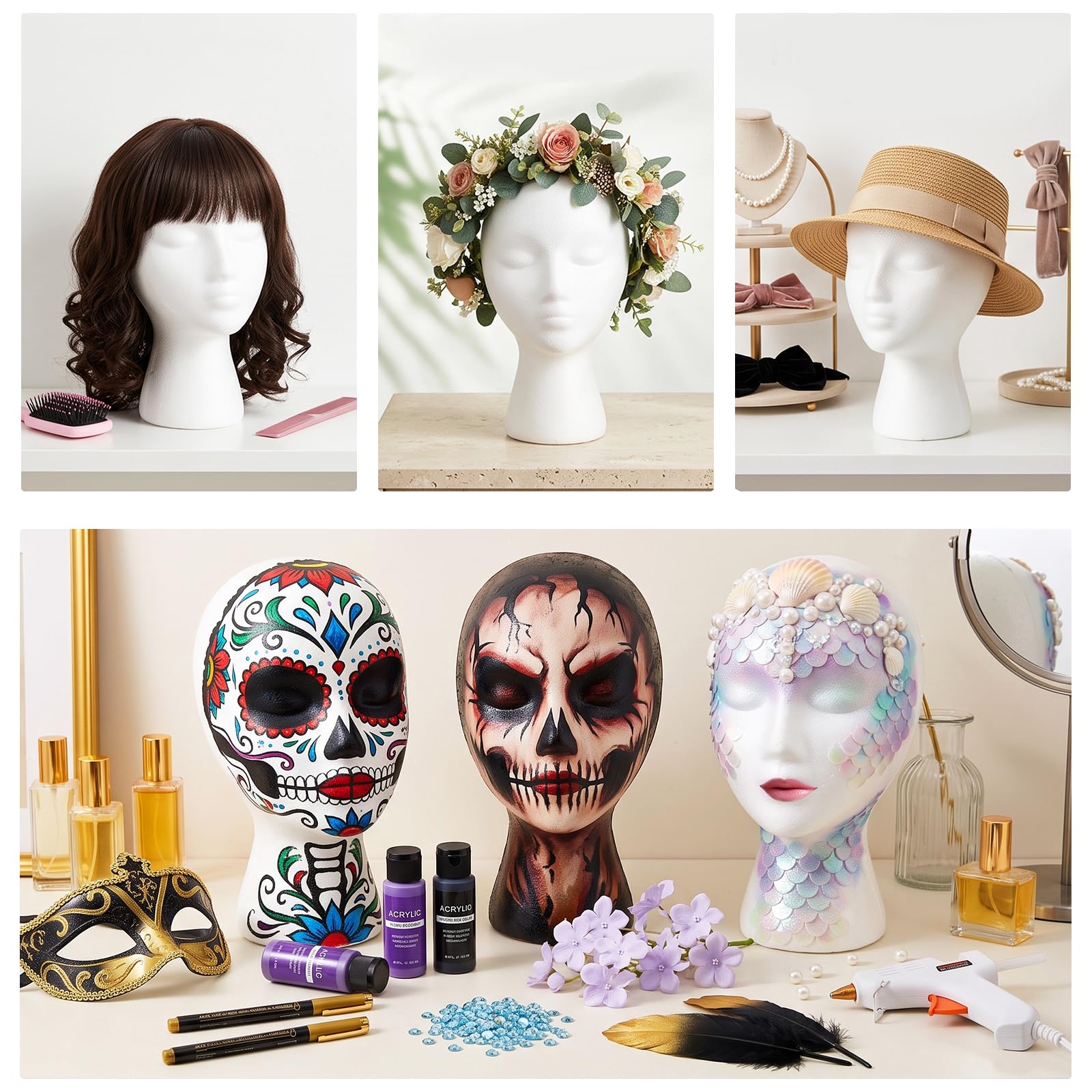 Foraineam Foam Female Mannequin Wig Heads with Holder Hole