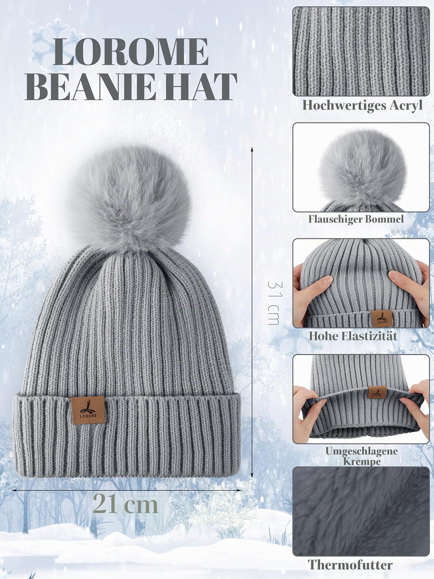 LOROME Damen Winter Beanie Mütze Schal Handschuhe Set Fleece Strick Pompon Mütze Warm Halstuch Touchscreen Handschuhe Winter Geschenk